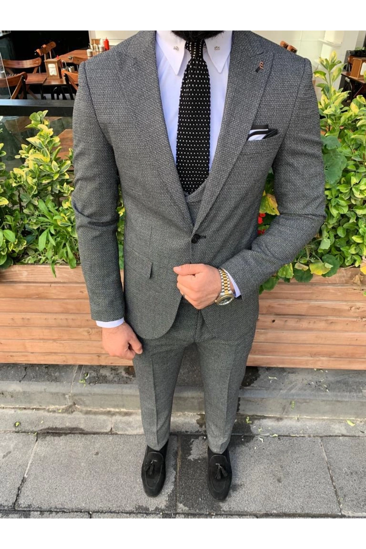 Erkek Dar Kesim Kendinden Desenli Yelekli Takım Elbise - Füme