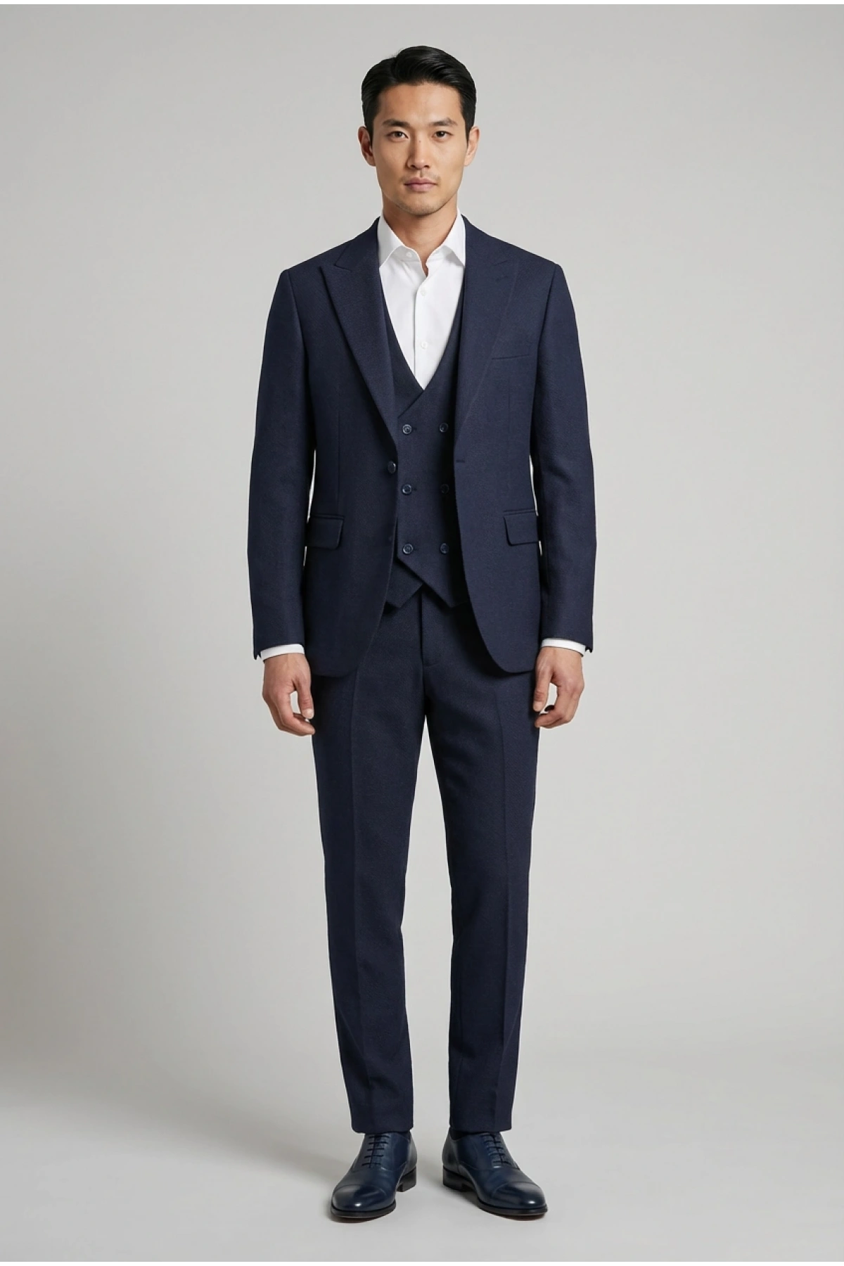 Erkek Dar Kesim Kendinden Desenli Yelekli Takım Elbise -Lacivert