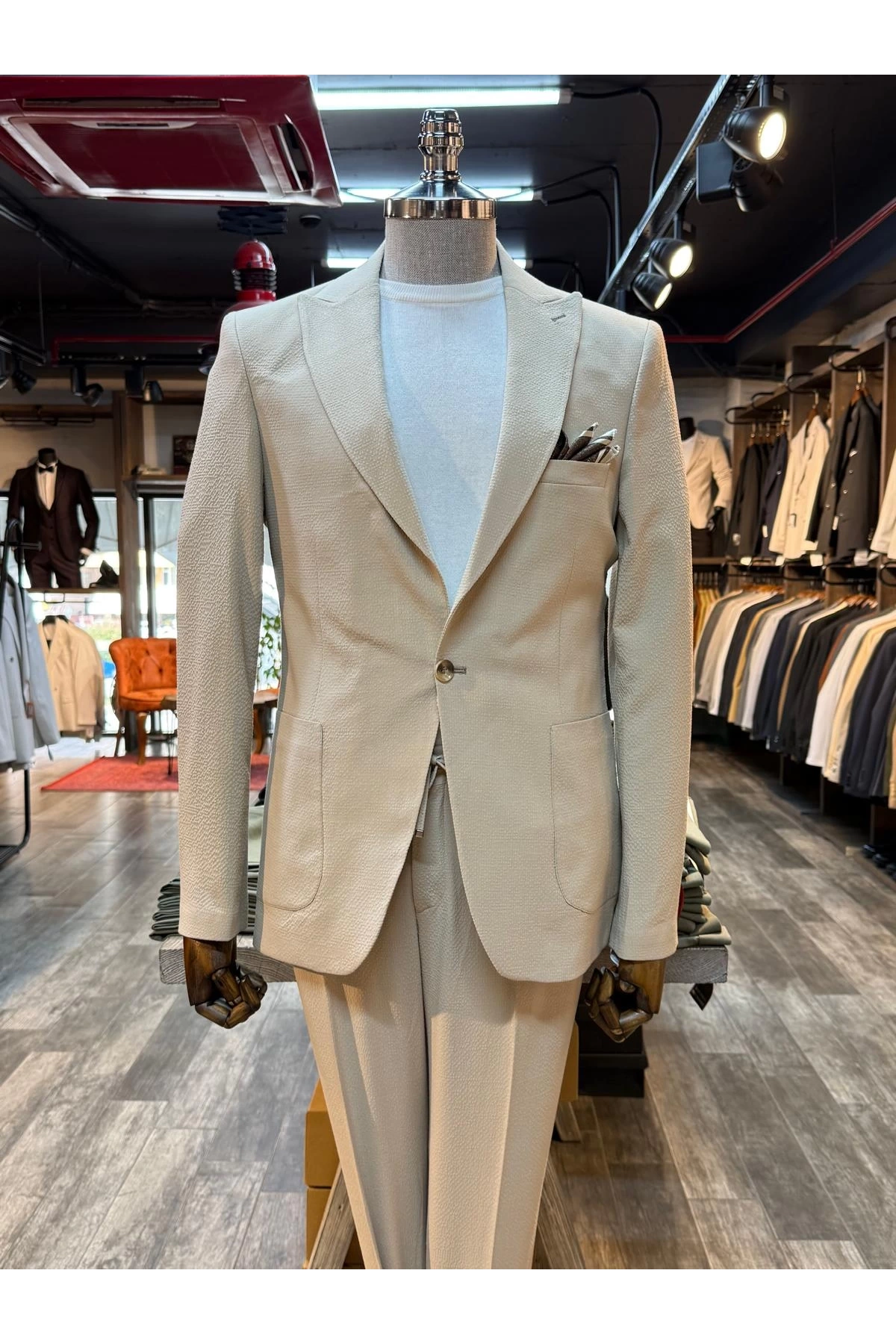 Erkek Dar Kesim Krınkıl Kumaş Spor Takım Elbise - Krem