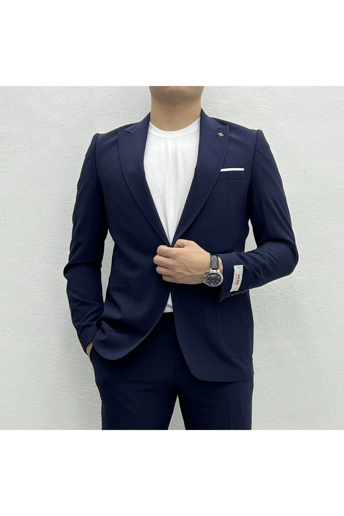 Erkek Dar Kesim Krınkıl Kumaş Spor Takım Elbise - Lacivert