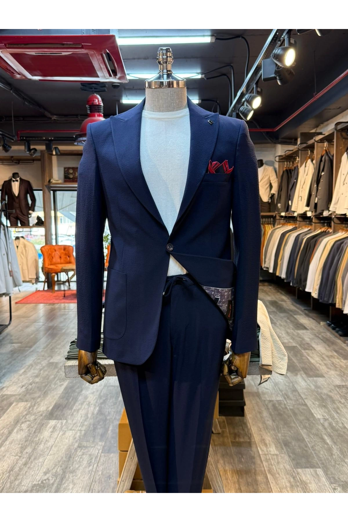 Erkek Dar Kesim Krınkıl Kumaş Spor Takım Elbise -Lacivert