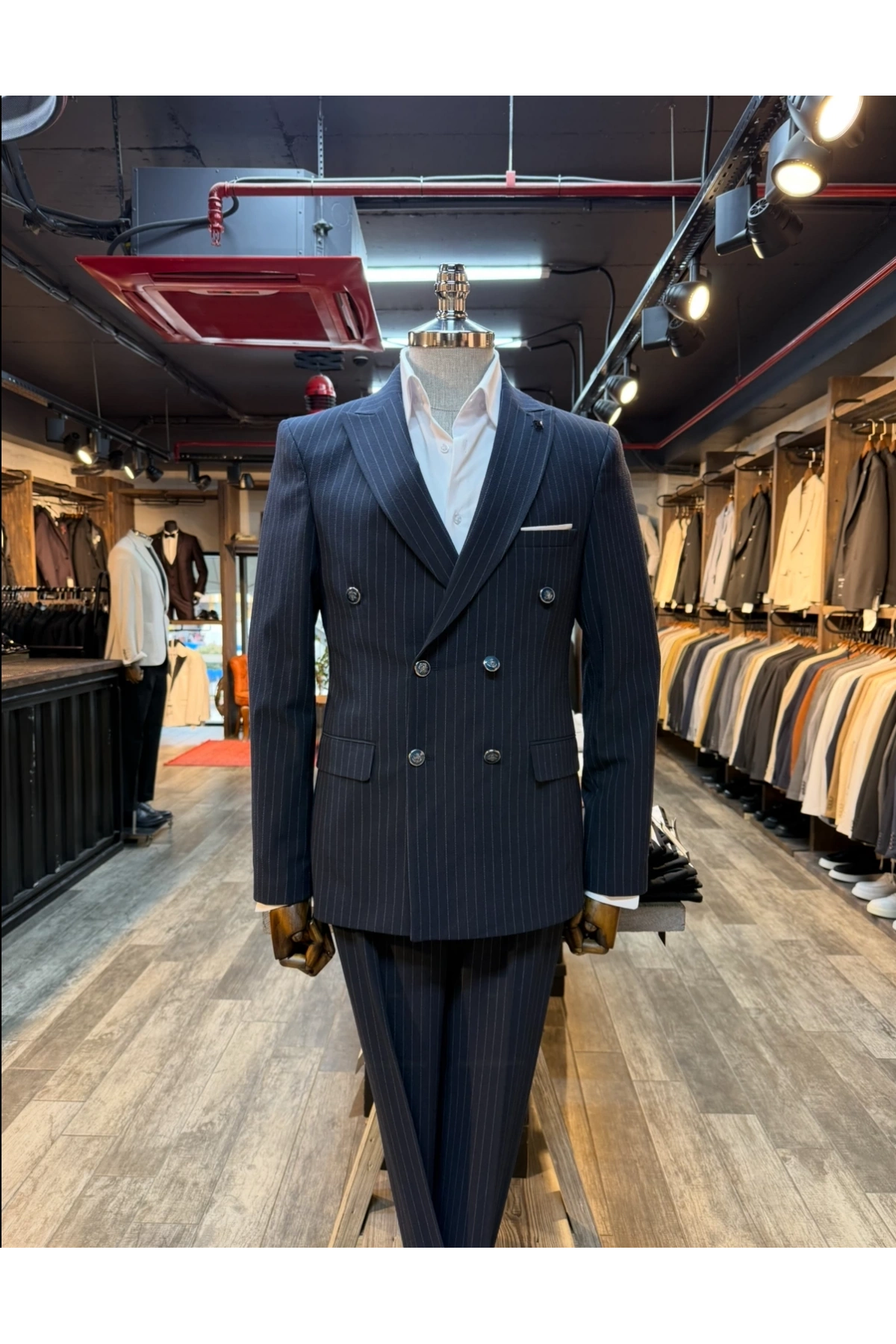 Erkek Dar Kesim Kruvaze Çizgili Takım Elbise - Lacivert