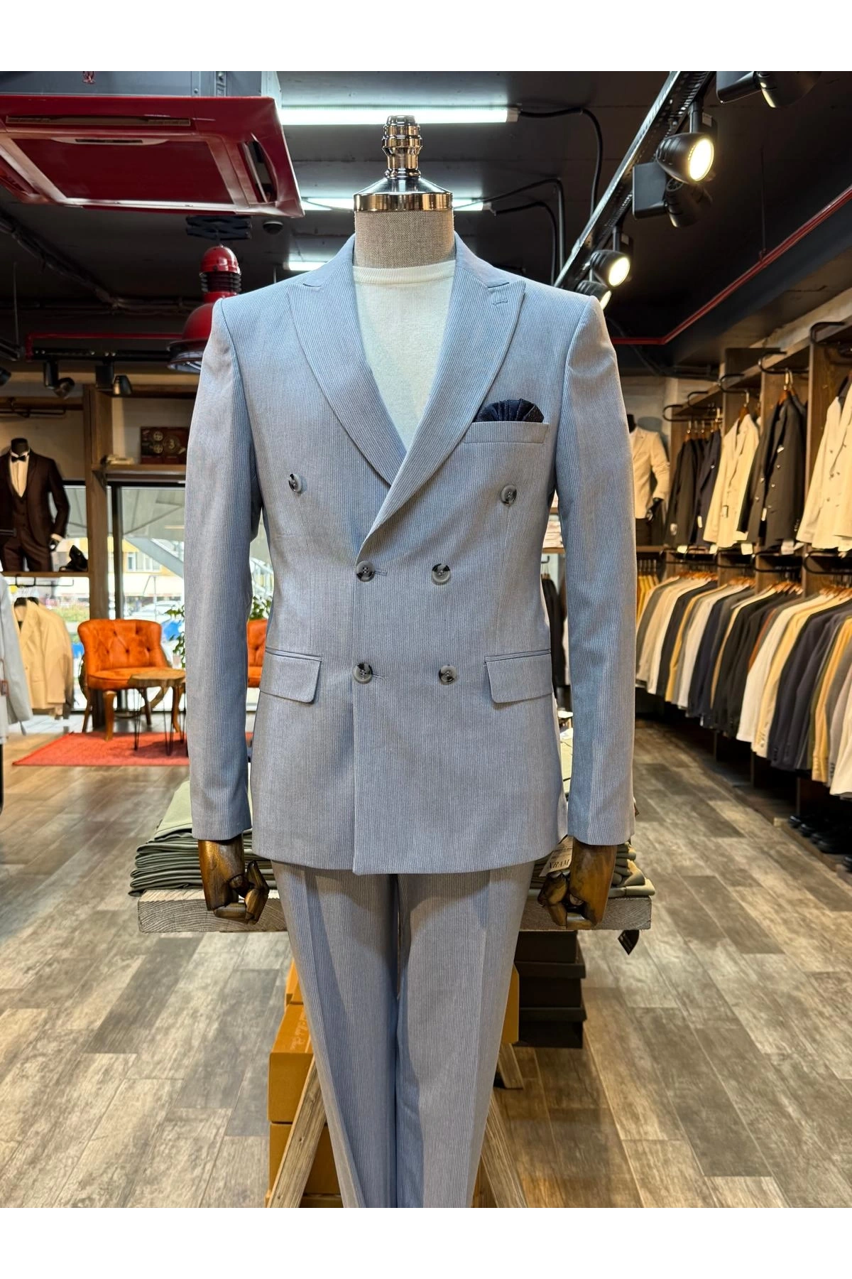 Erkek Dar Kesim Kruvaze Kendinden Çizgili Takım Elbise -Mavi