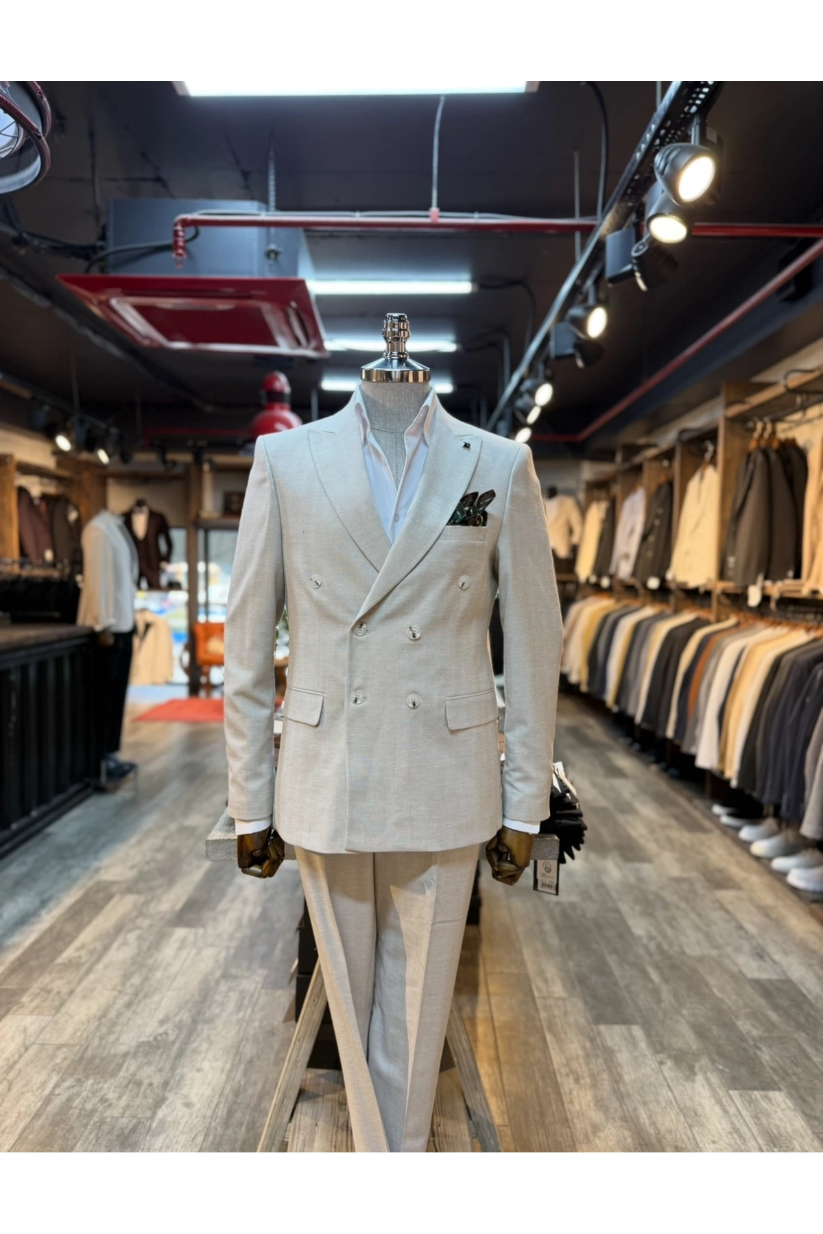 Erkek Dar Kesim Kruvaze Keten Takım Elbise - Krem