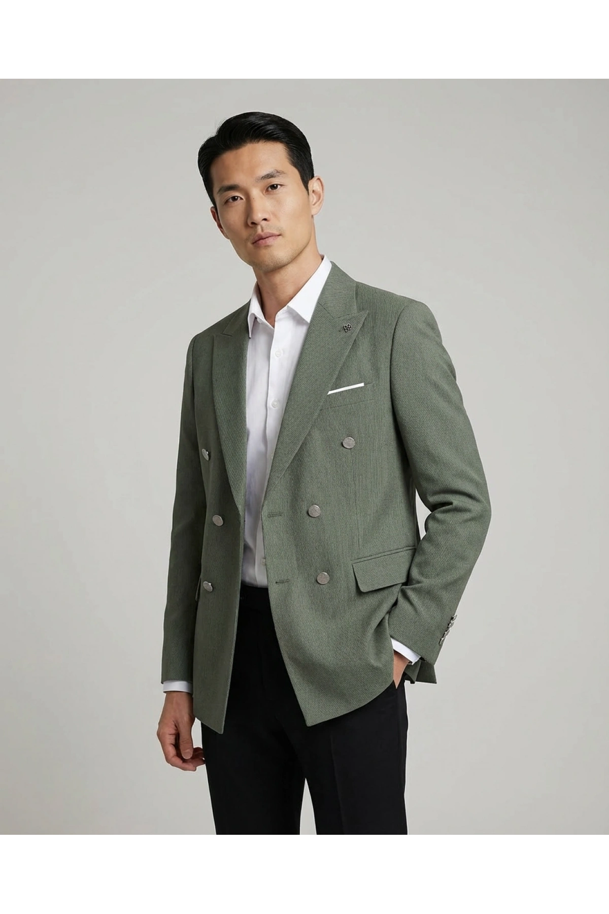 Erkek Dar Kesim Kruvaze Tek Ceket -Haki