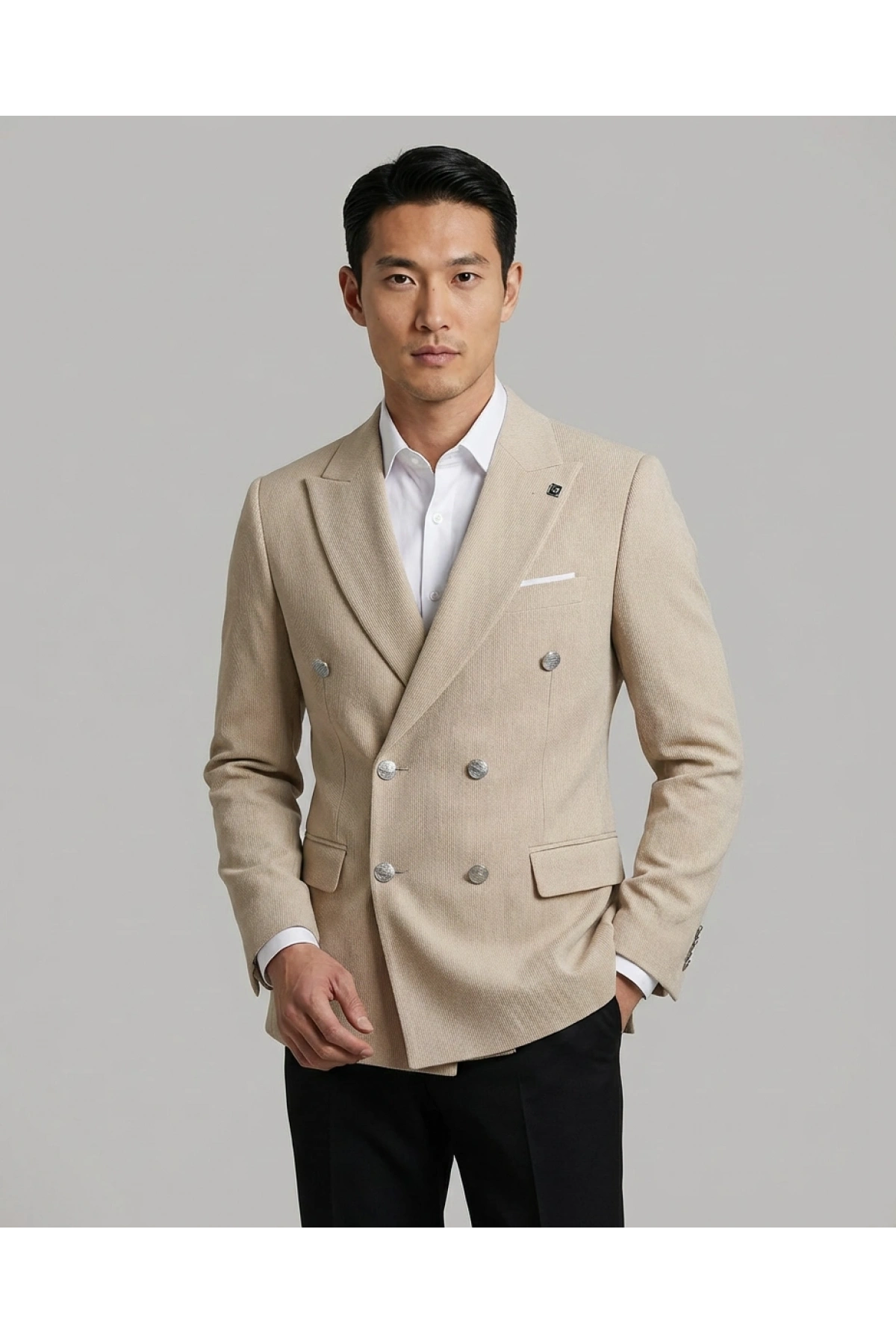 Erkek Dar Kesim Kruvaze Tek Ceket -Krem