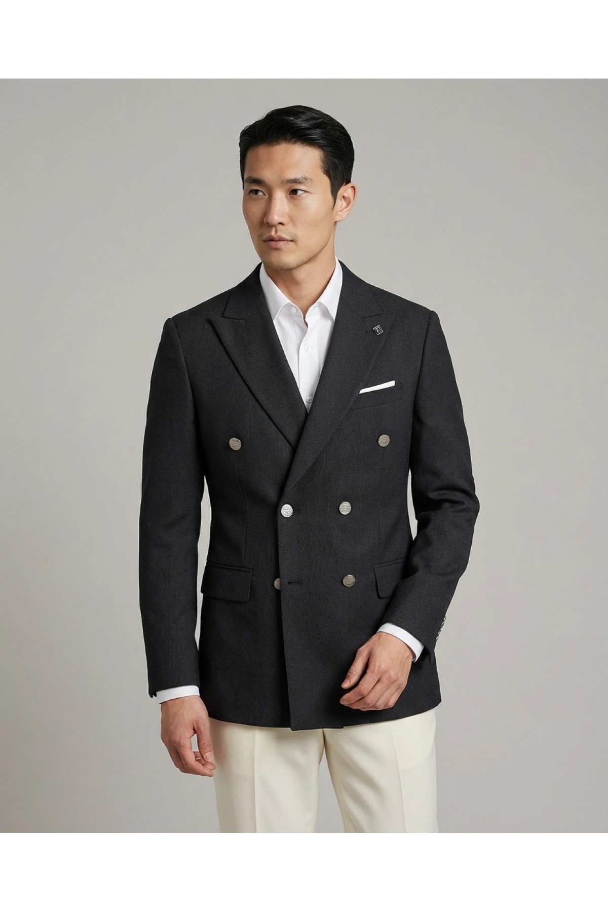 Erkek Dar Kesim Kruvaze Tek Ceket -Siyah