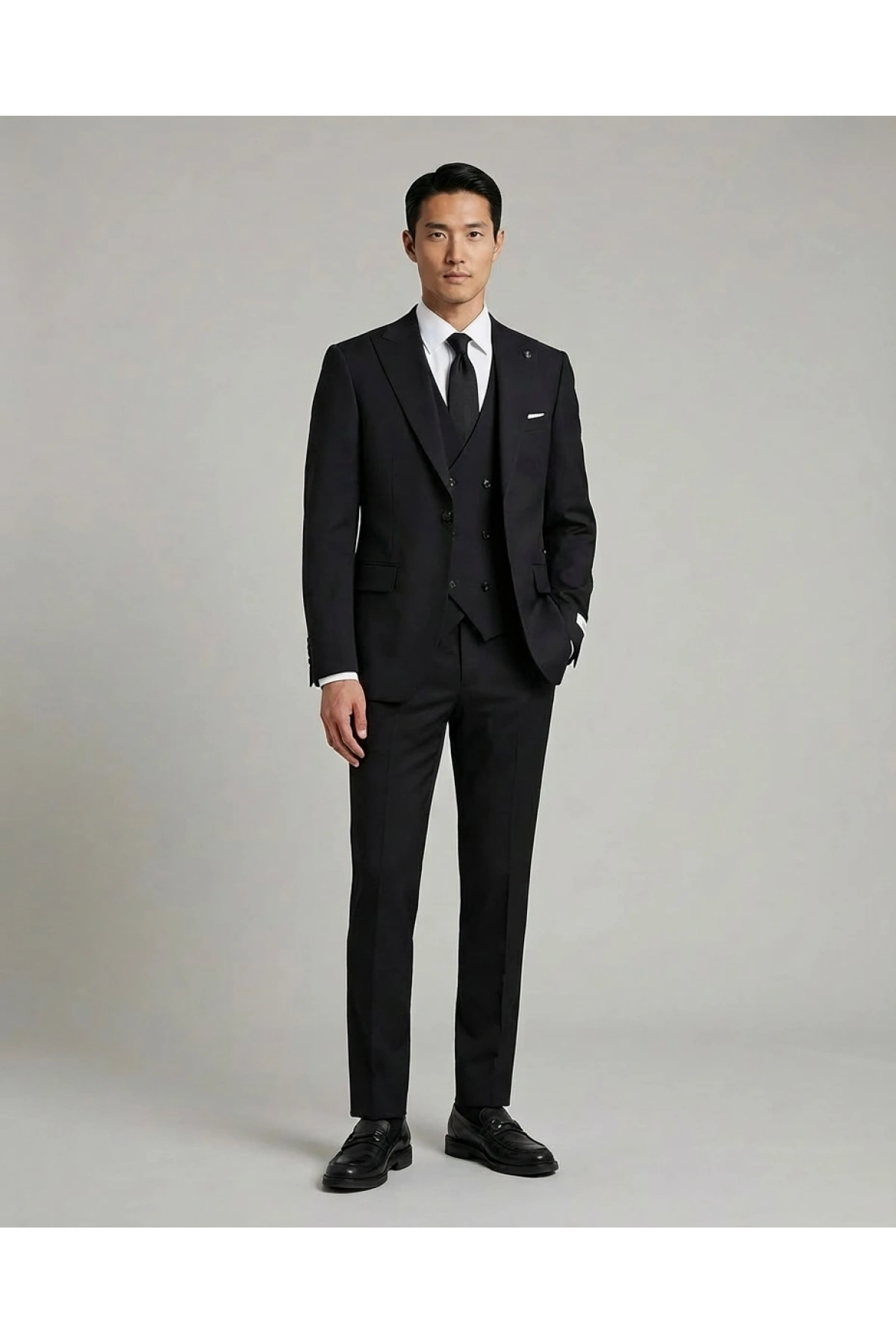 Erkek Dar Kesim Likrakı Yelekli Takım Elbise-Siyah
