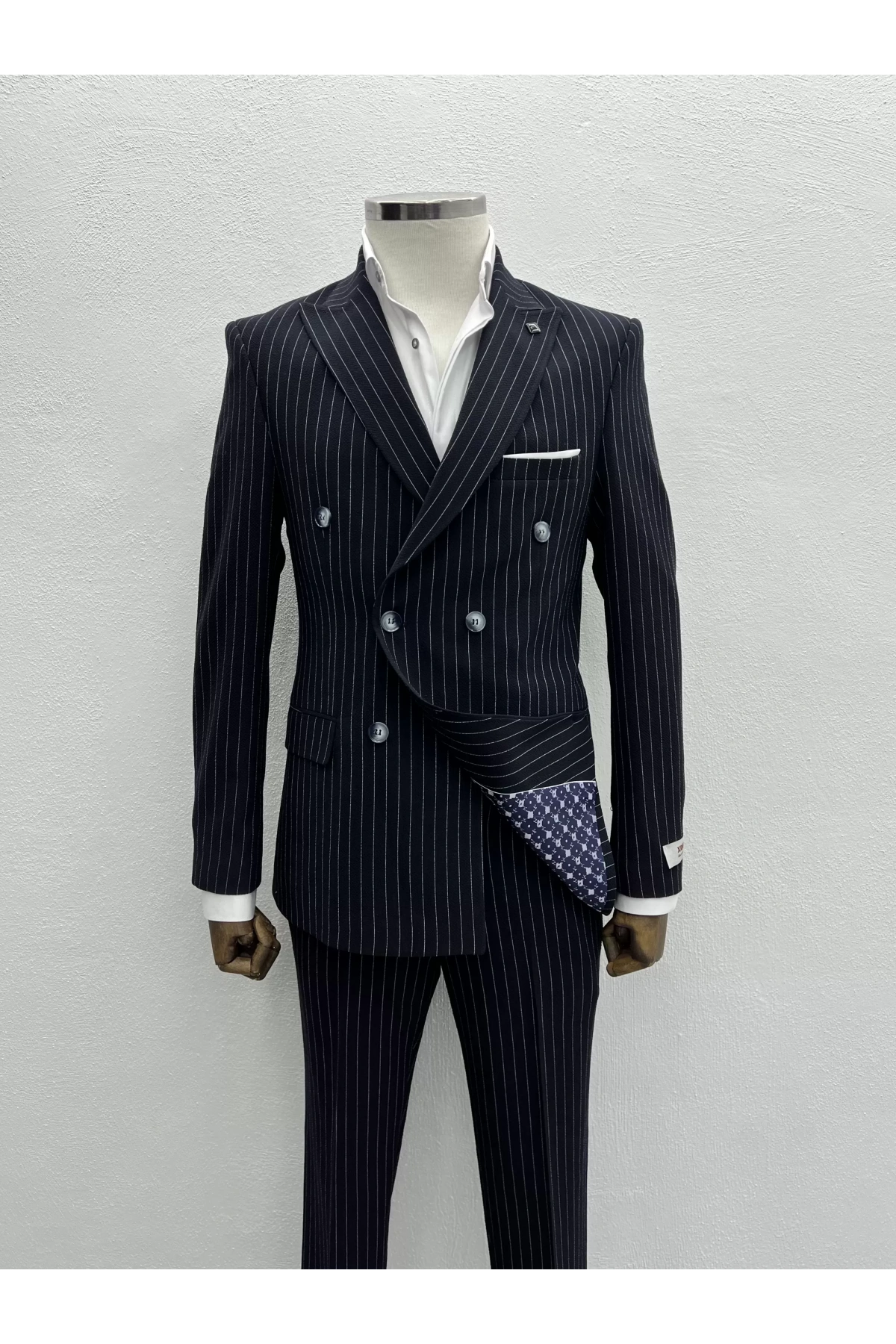 Erkek Dar Kesim Likralı Çizgili Kruvaze Takım Elbise-Lacivert