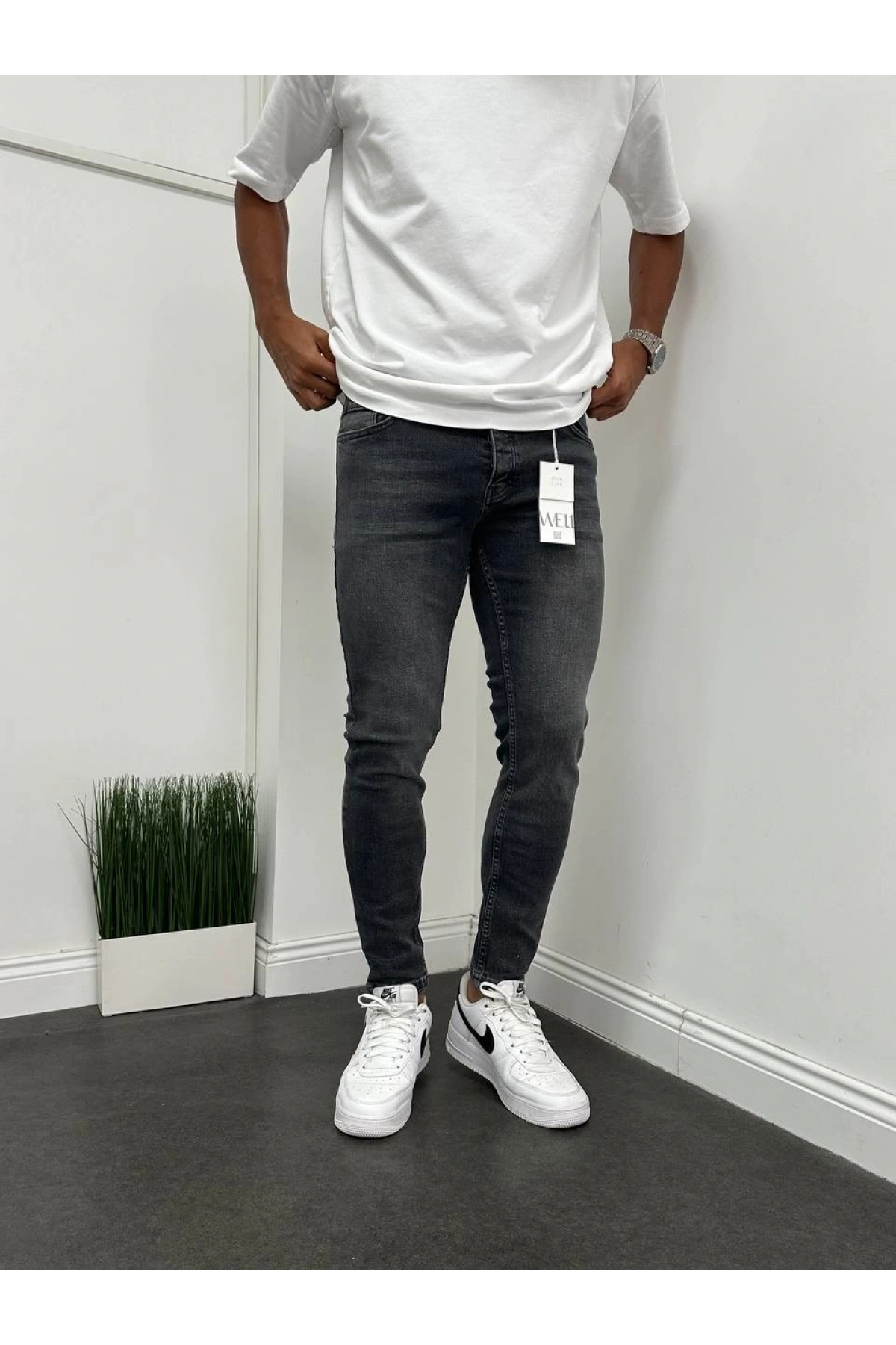 Erkek Dar Kesim Likralı Kot Pantolon - Füme