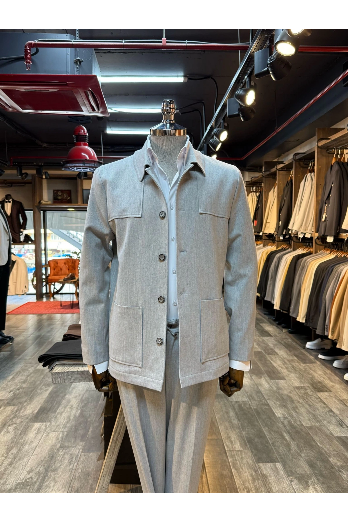 Erkek Dar Kesim Likralı Spor Takım Elbise-Gri