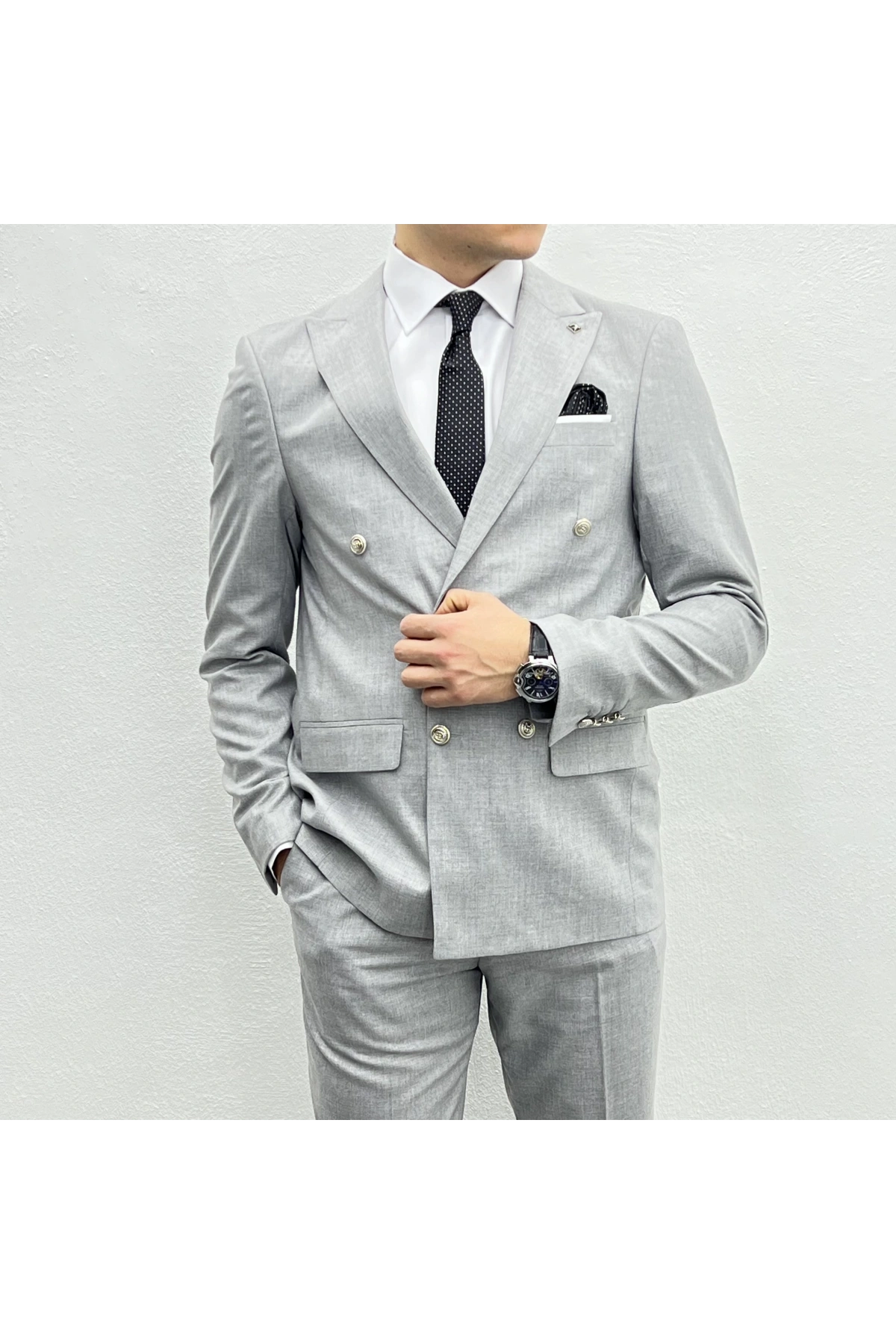 Erkek Dar Kesim Metal Düğme Kruvaze Takım Elbise-Gri