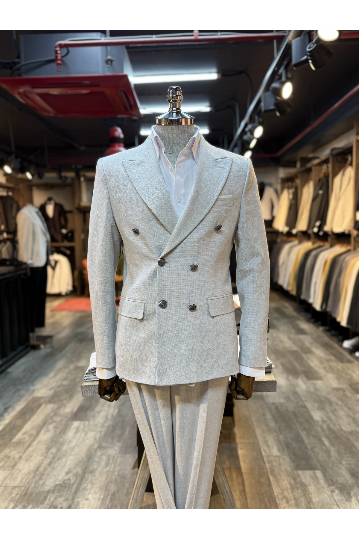 Erkek Dar Kesim Metal Düğme Kruvaze Takım Elbise-Gri