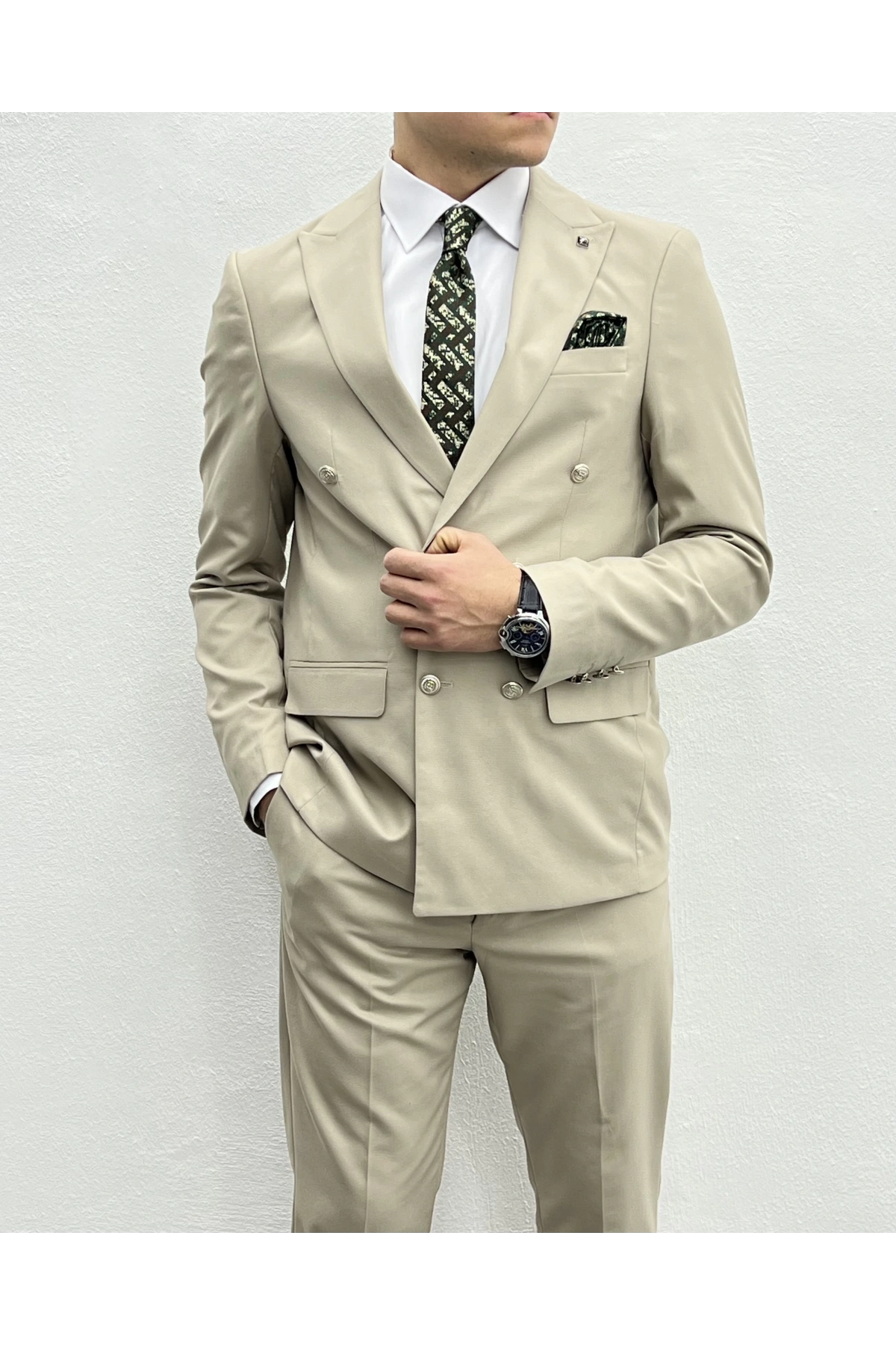 Erkek Dar Kesim Metal Düğme Kruvaze Takım Elbise-Krem