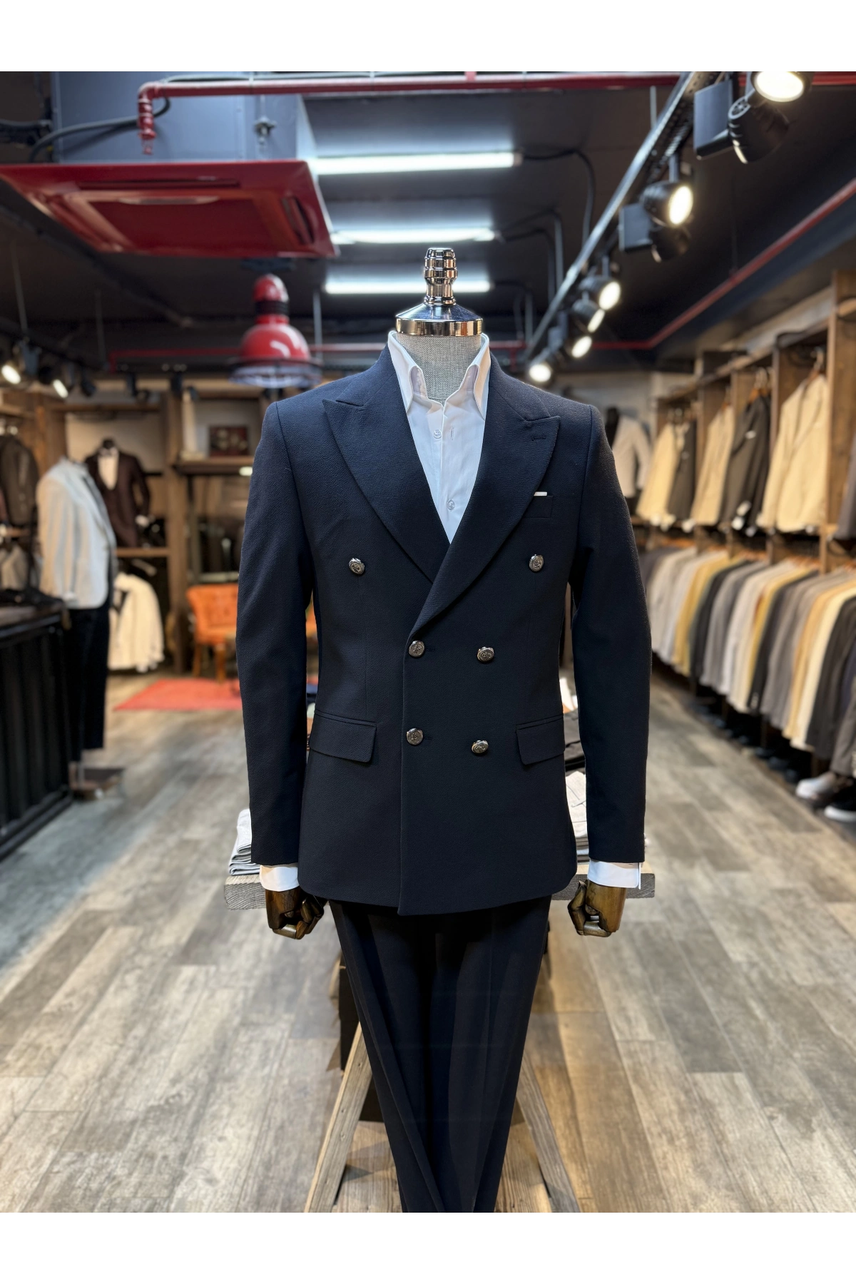 Erkek Dar Kesim Metal Düğme Kruvaze Takım Elbise-Lacivert