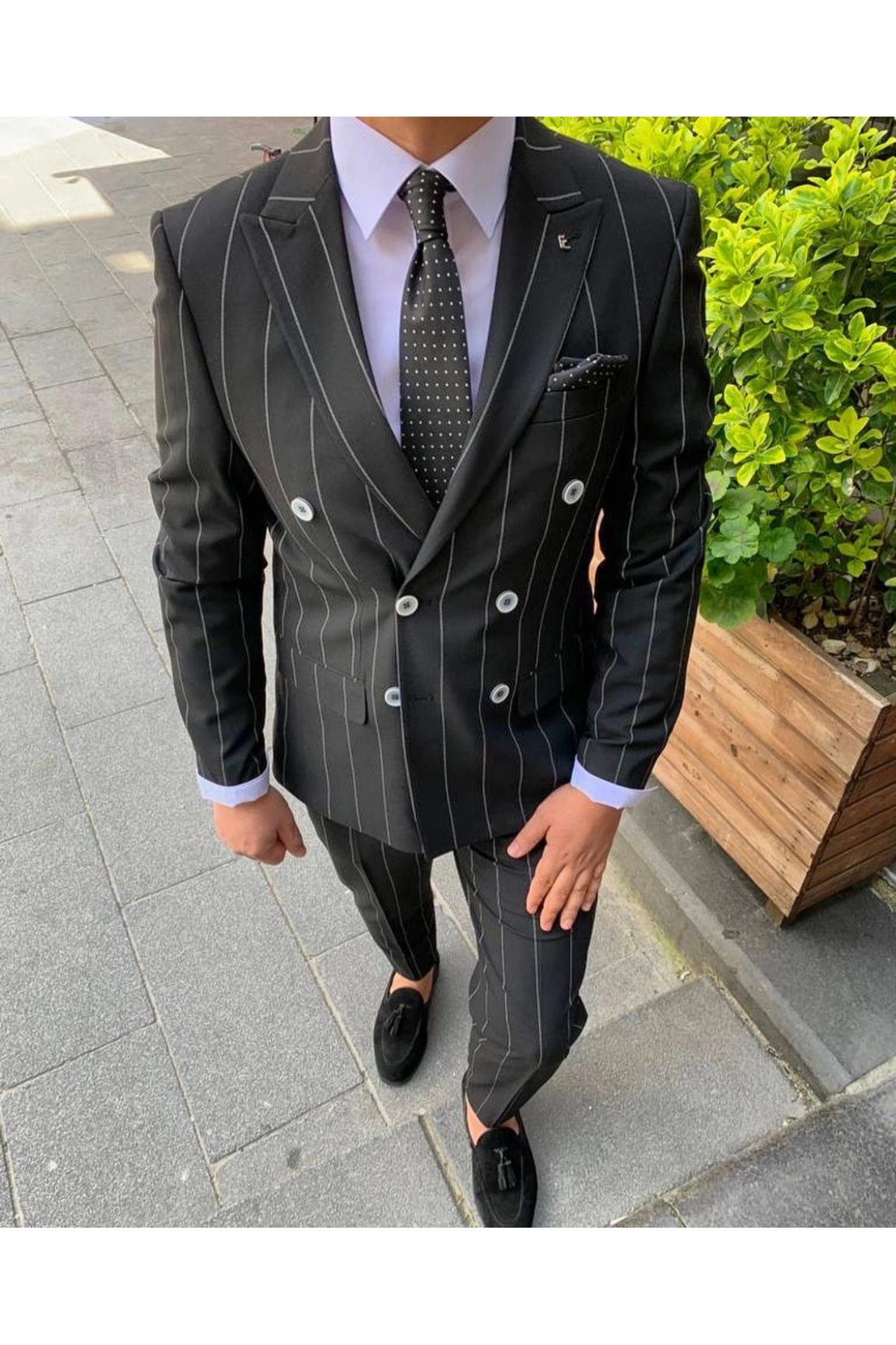 Erkek Dar Kesim Silimfit Kruvaze Çizgili Takım Elbise-Siyah