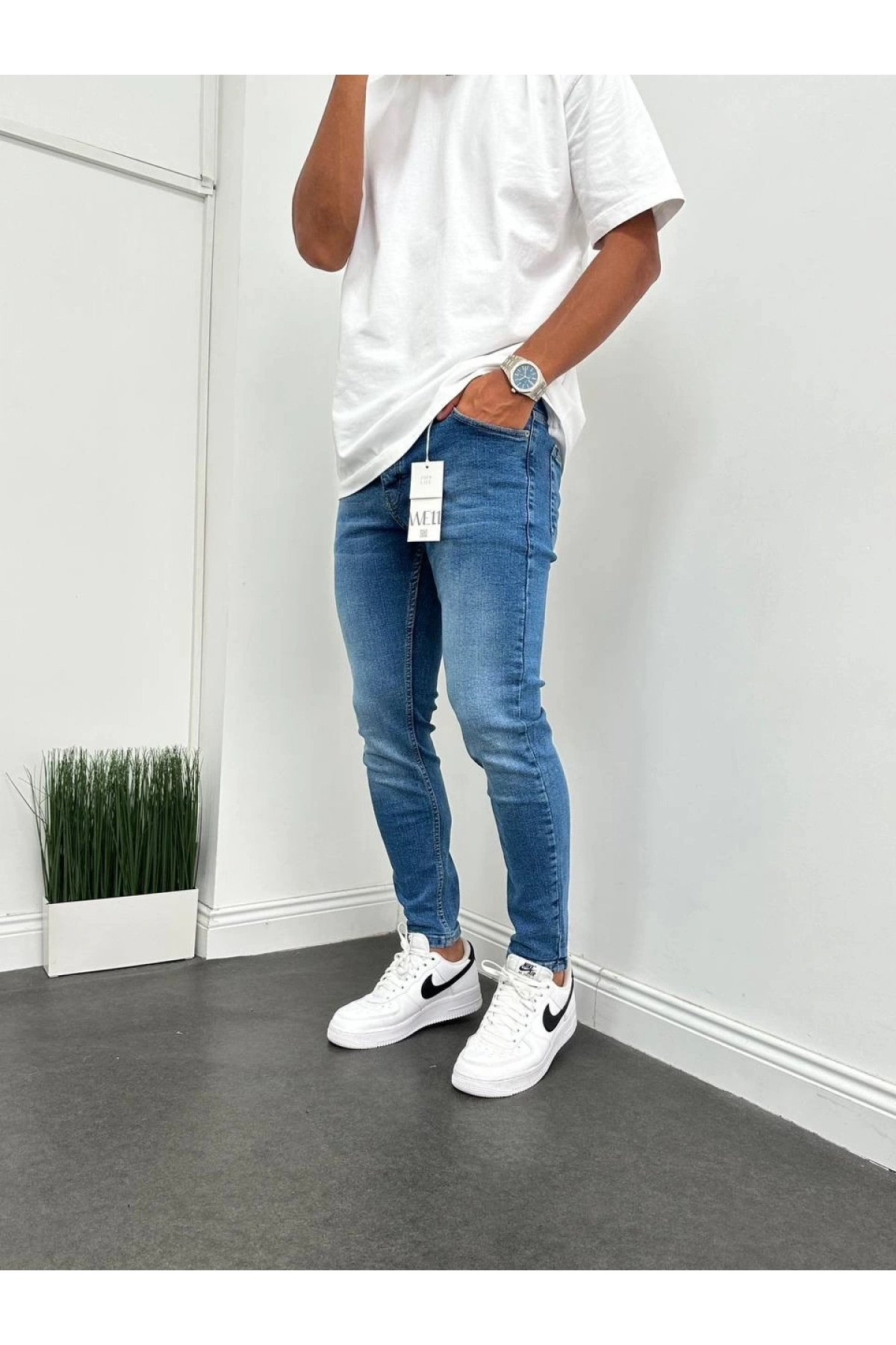 Erkek Dar Kesim Skınyfıt Kot Pantolon- Mavi