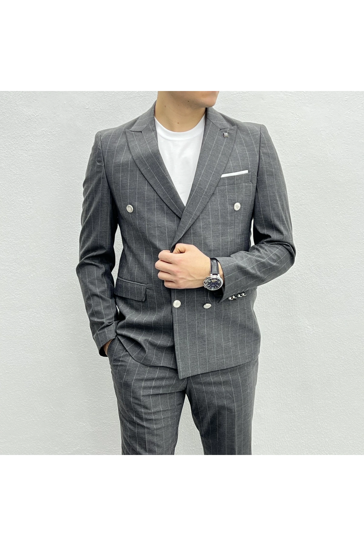 Erkek Dar Kesim Slimfit Çizgili Takım Elbise- Gri