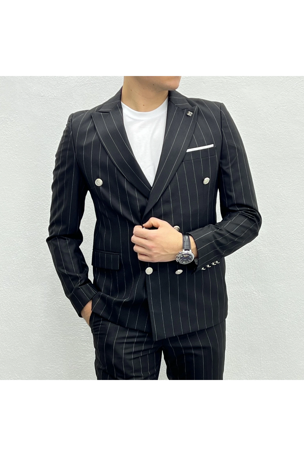 Erkek Dar Kesim Slimfit Çizgili Takım Elbise- Siyah