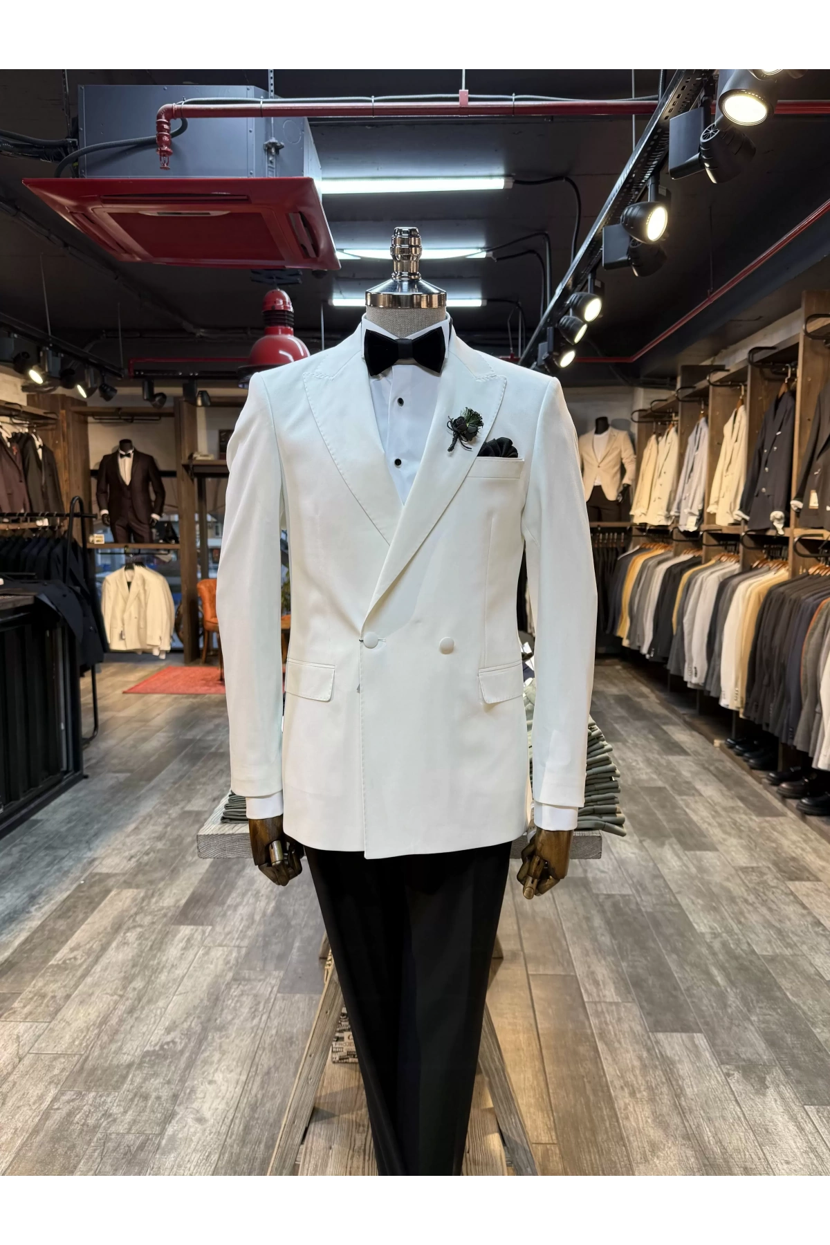 Erkek Dar Kesim Slimfit Kruvaze Damatlık Takım Elbise-Beyaz-Beyaz