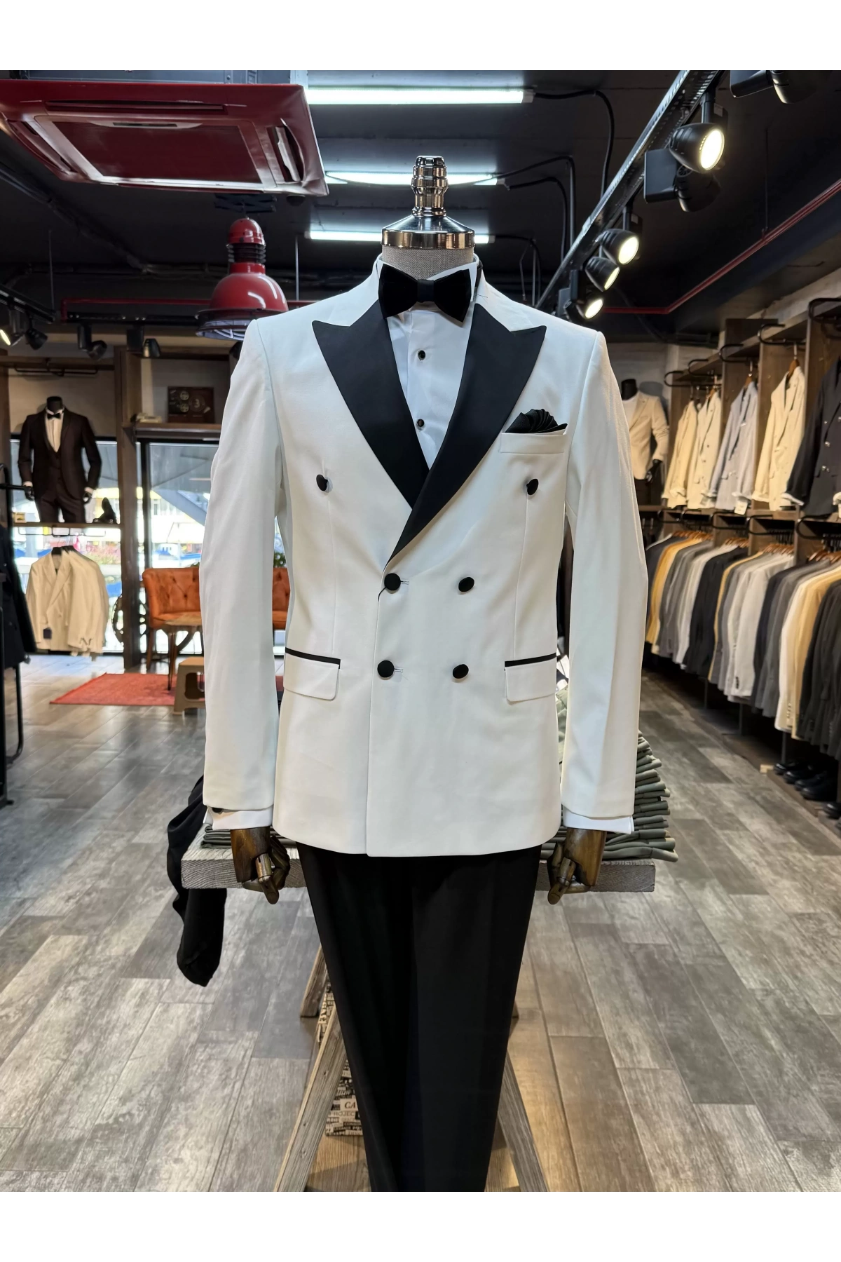 Erkek Dar Kesim Slimfit Kruvaze Damatlık Takım Elbise-Beyaz-Siyah