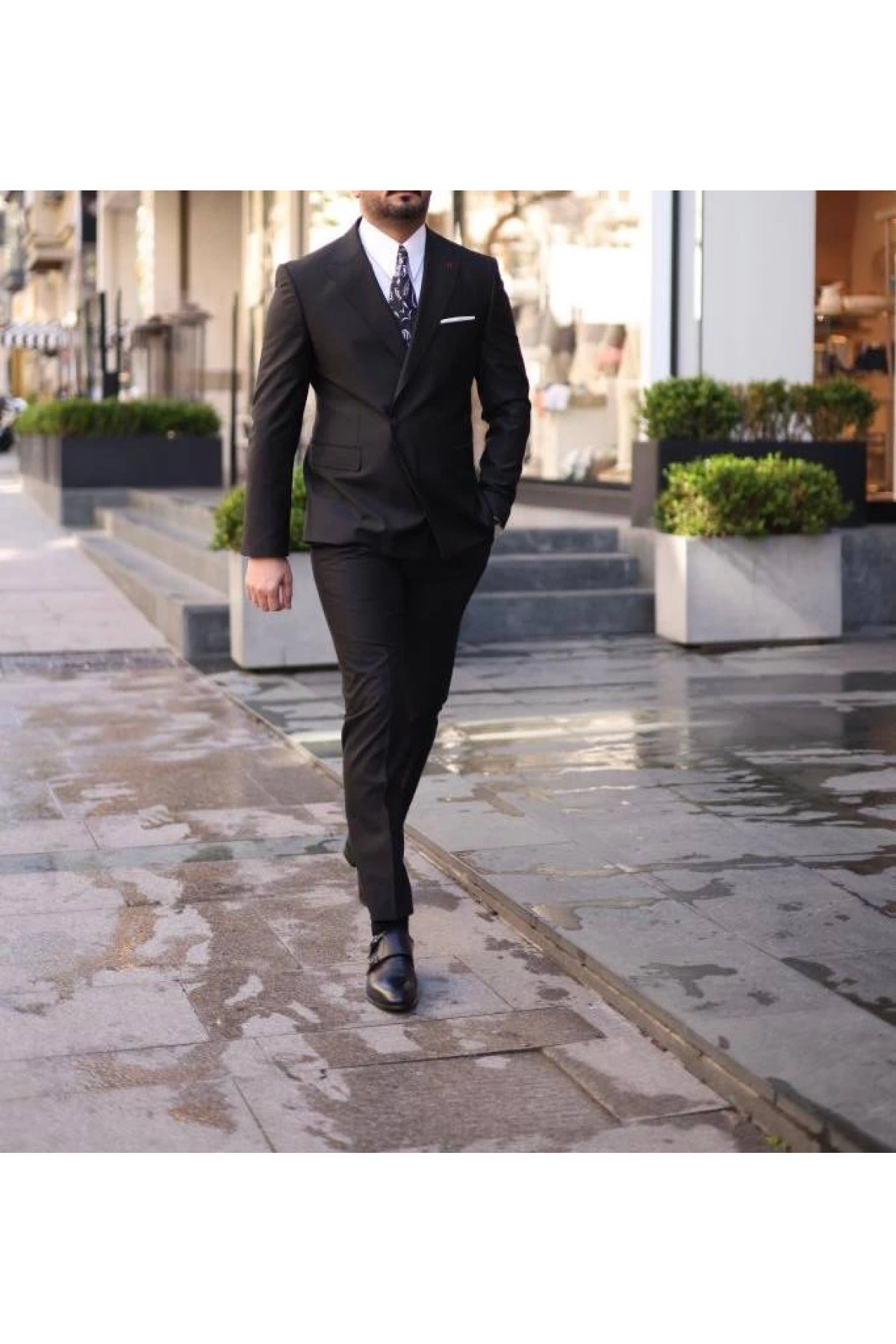 Erkek Dar Kesim Slimfit Kruvaze Tek Dügme Takım Elbise - Siyah