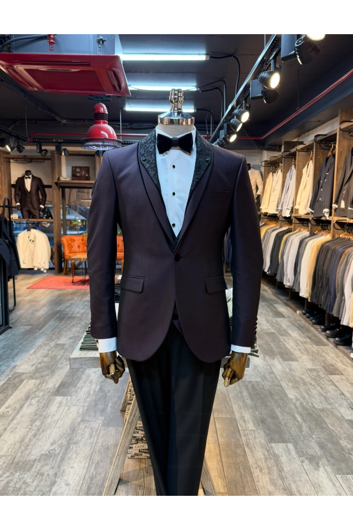 Erkek Dar Kesim Slimfit Yelekli Yakası Çıkabilen Damatlık Takım Elbise-Bordo