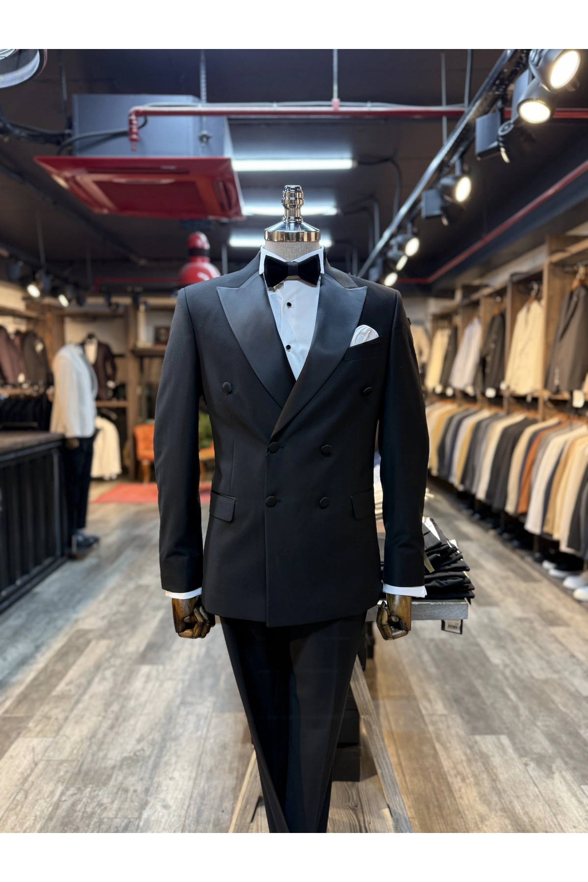 Erkek Dar Kesim Slimft Kruvaze Yaka Damatlık Takım Elbise-Siyah