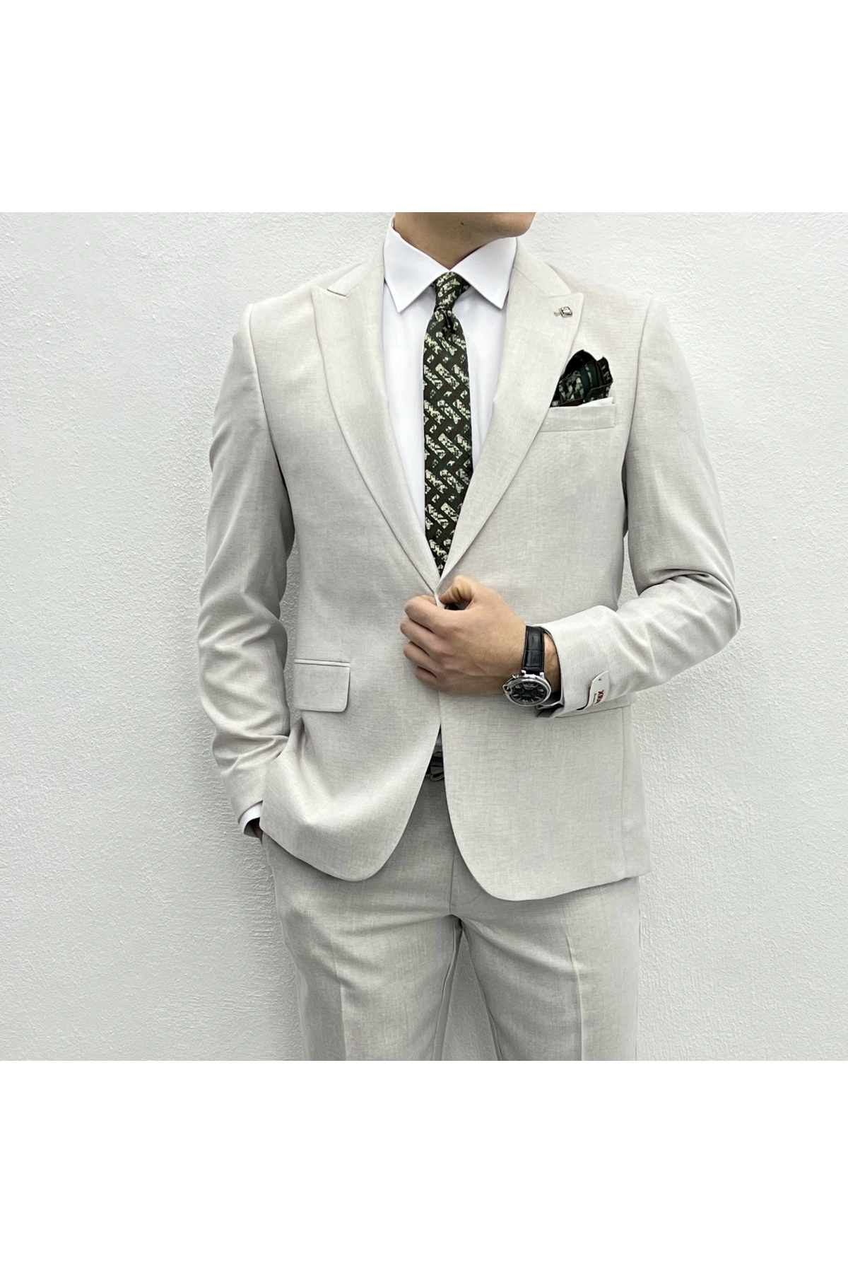 Erkek Dar Kesim Spor Takım Elbise-Krem