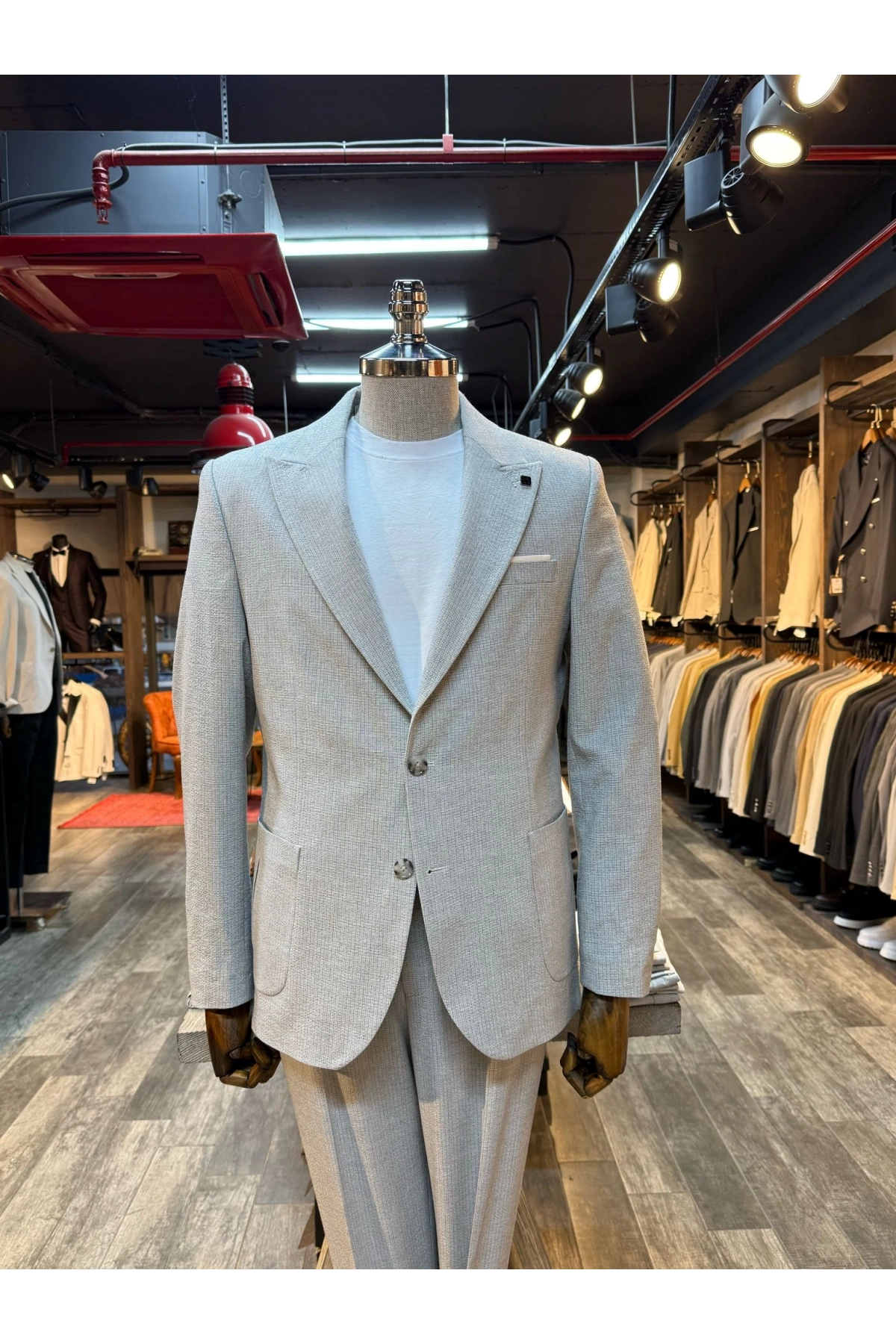 Erkek Dar Kesim Torba Cep Çift Dügme Takım Elbise-Gri