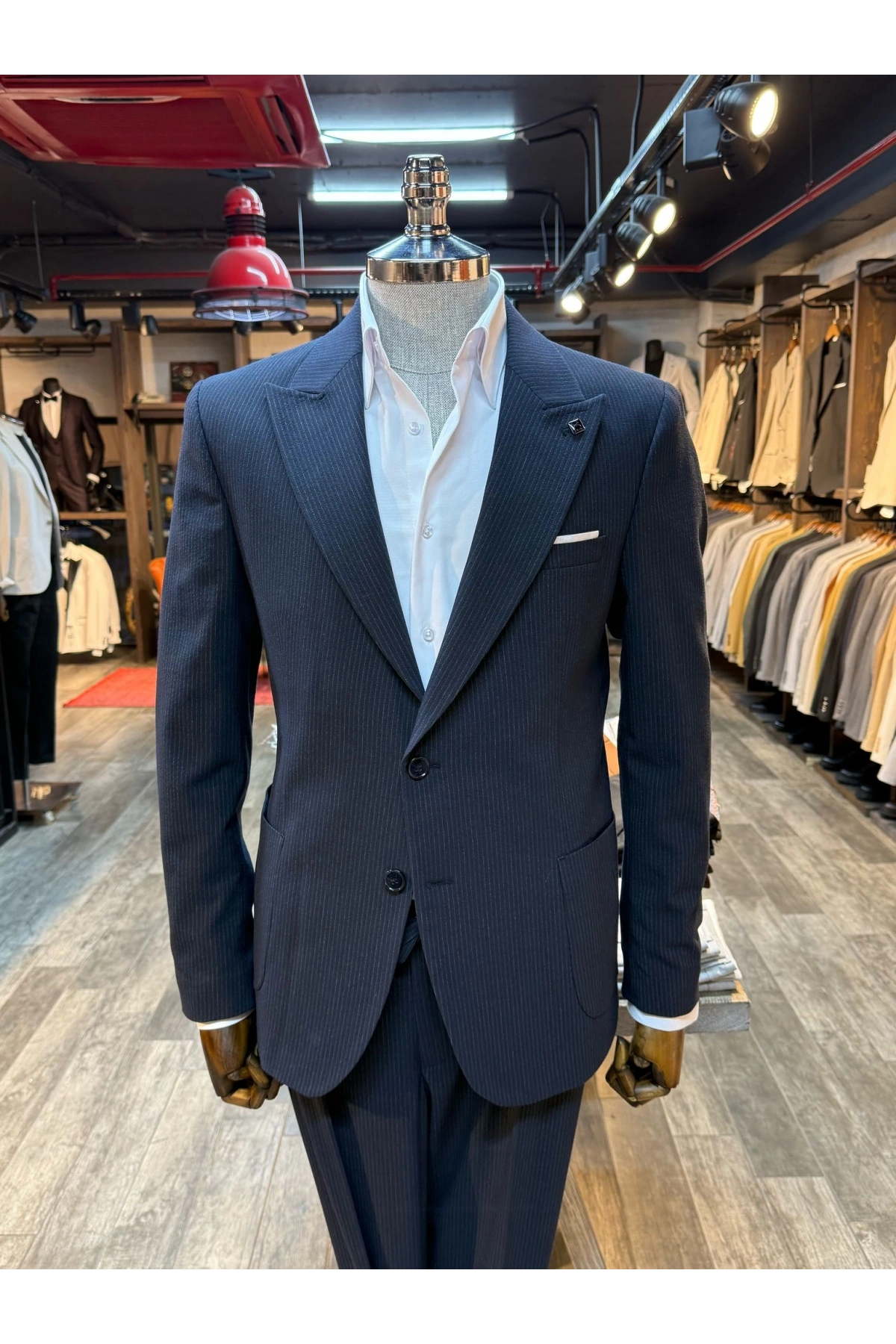 Erkek Dar Kesim Torba Cep Çift Dügme Takım Elbise-Lacivert