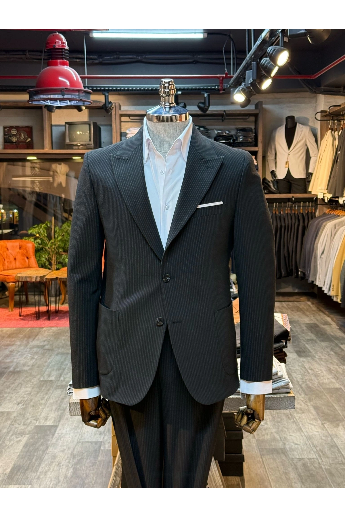 Erkek Dar Kesim Torba Cep Çift Dügme Takım Elbise-Siyah