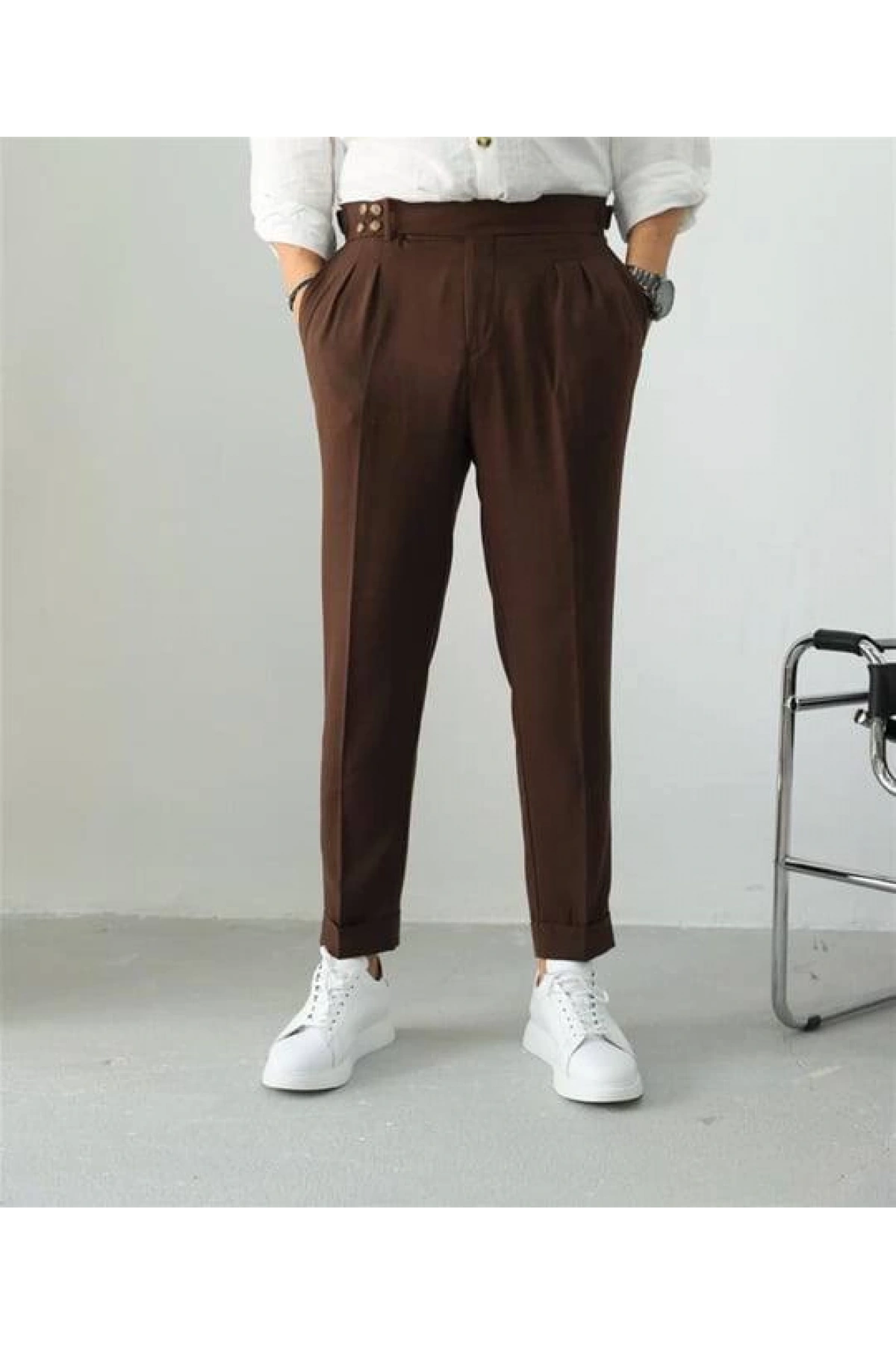 Erkek Dar Kesim Yüksek Bel Pileli Duble Paça Keten Pantolon-Kahve