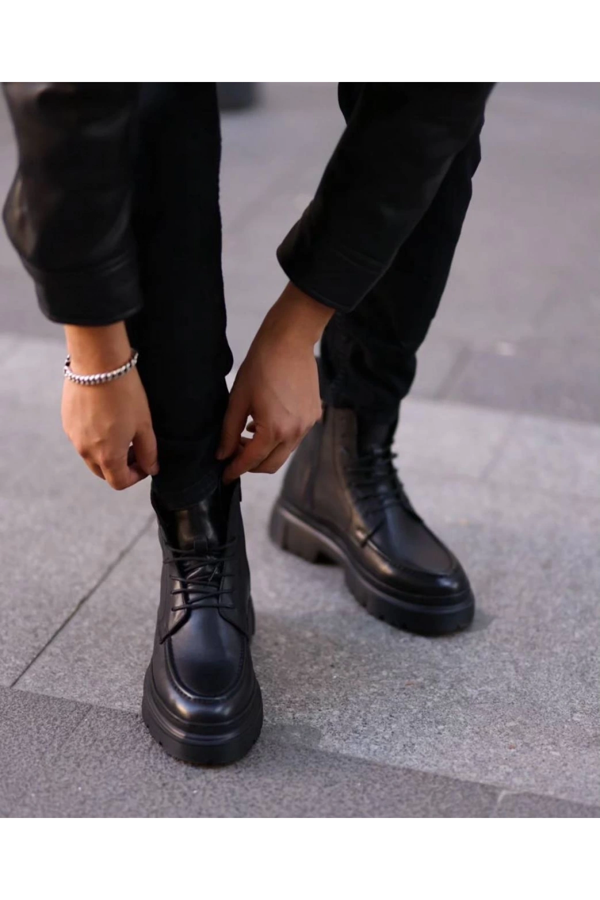 Erkek Eva Taban Deri Bağcıklı Bot - Siyah