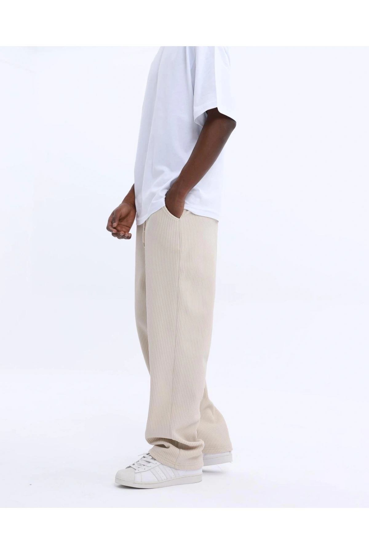 Erkek Fitilli Beli Lastikli Likralı Bagy Pantolon-Krem