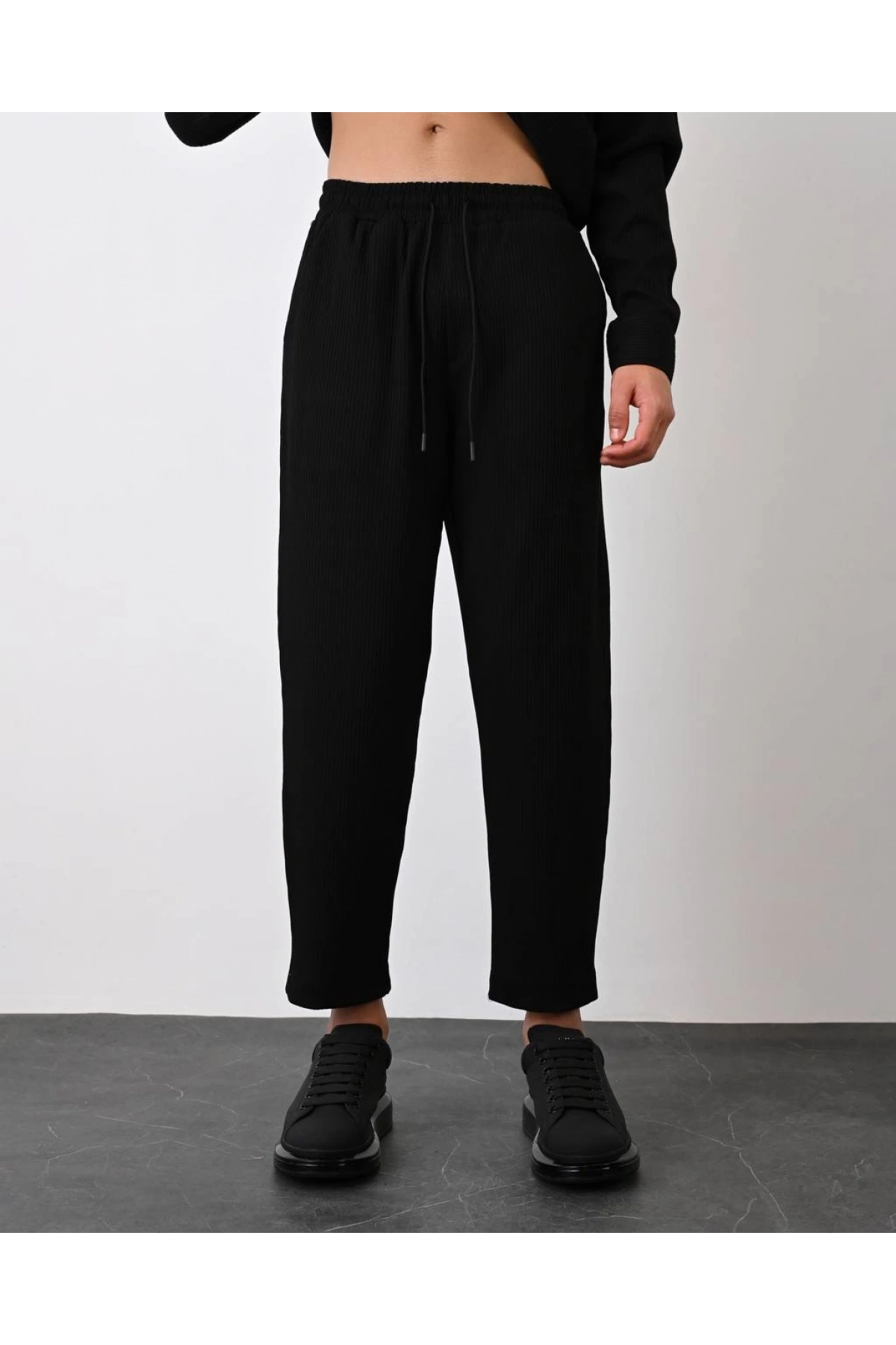 Erkek Fitilli Beli Lastikli Likralı Boy Frend Pantolon-Siyah