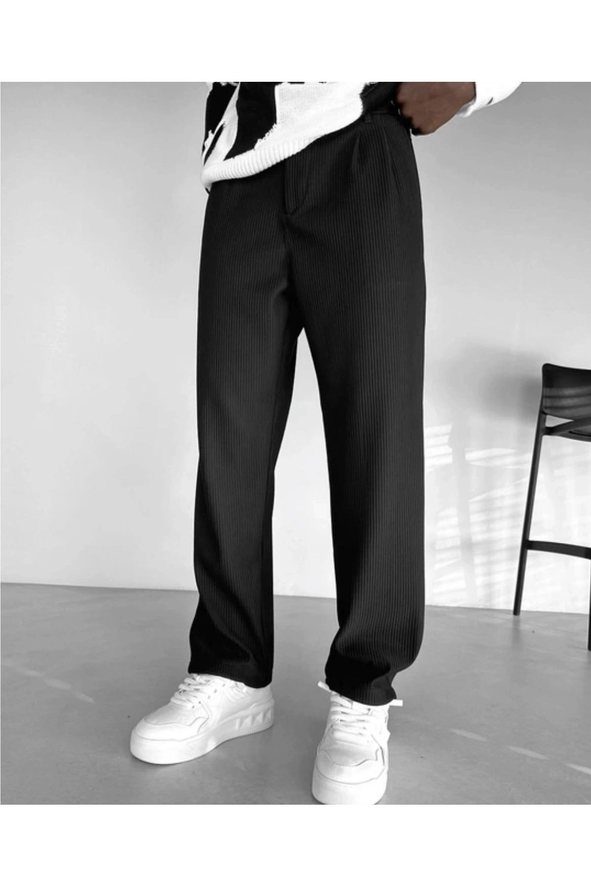 Erkek Fitilli Beli Lastikli Likralı Pileli Bagy Pantolon- Siyah