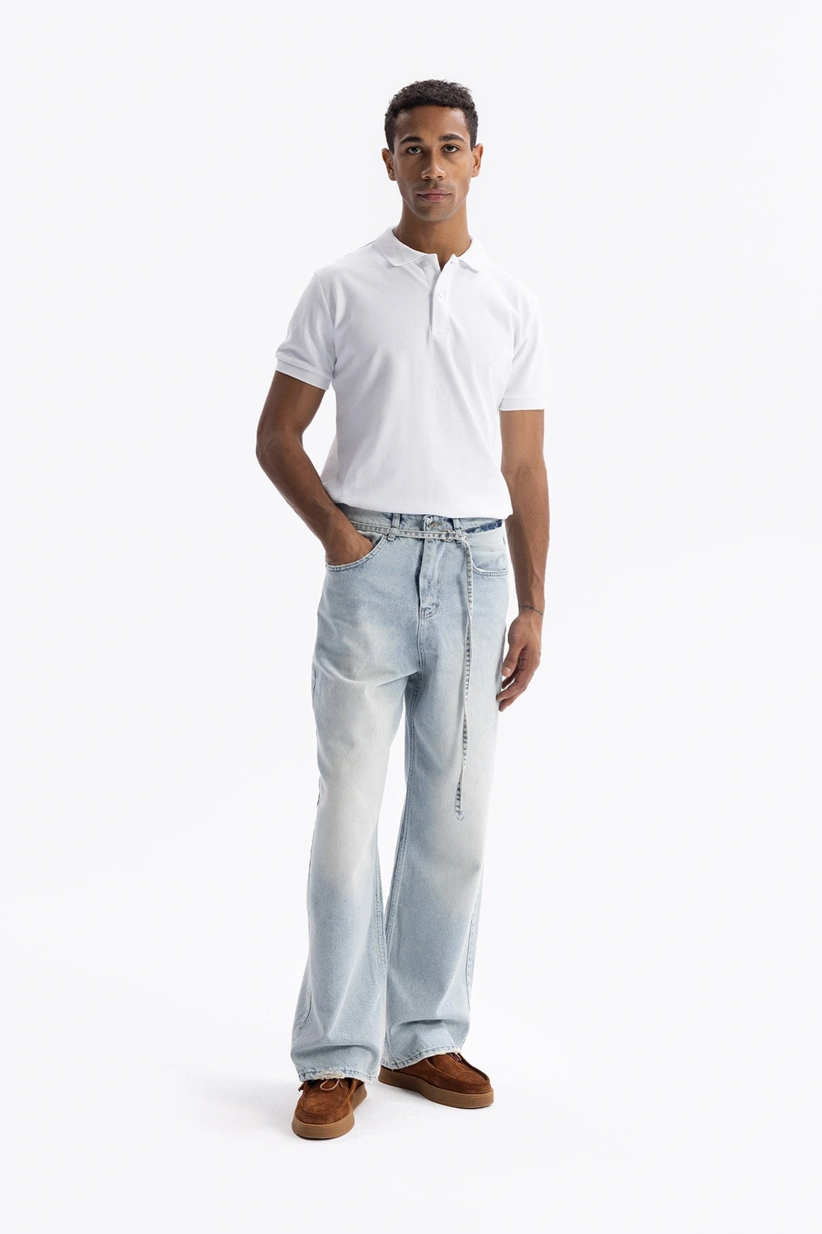 Erkek Geniş Kalıp Baggy Kemerli Kot Pantolon - Mavi