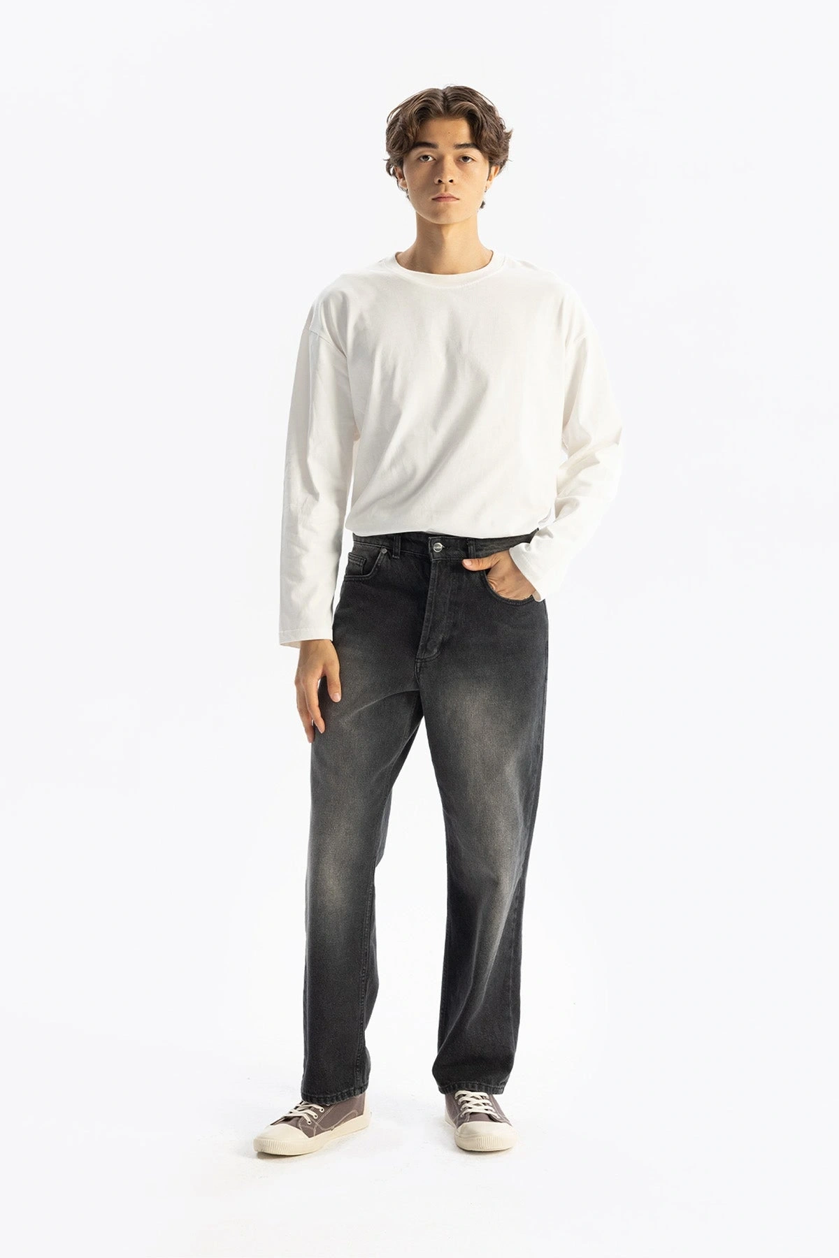 Erkek Geniş Kalıp Baggy Kot Pantolon - Füme