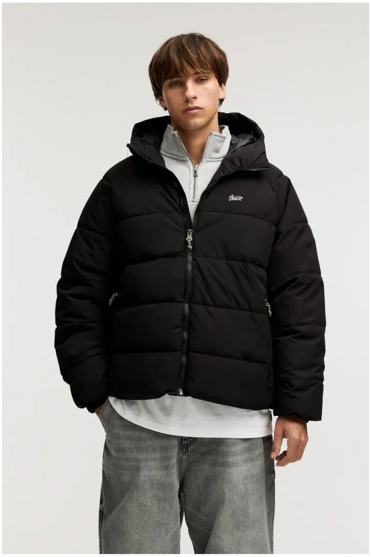Erkek Kapüşonlu Fermuarlı Şişme Mont -Siyah