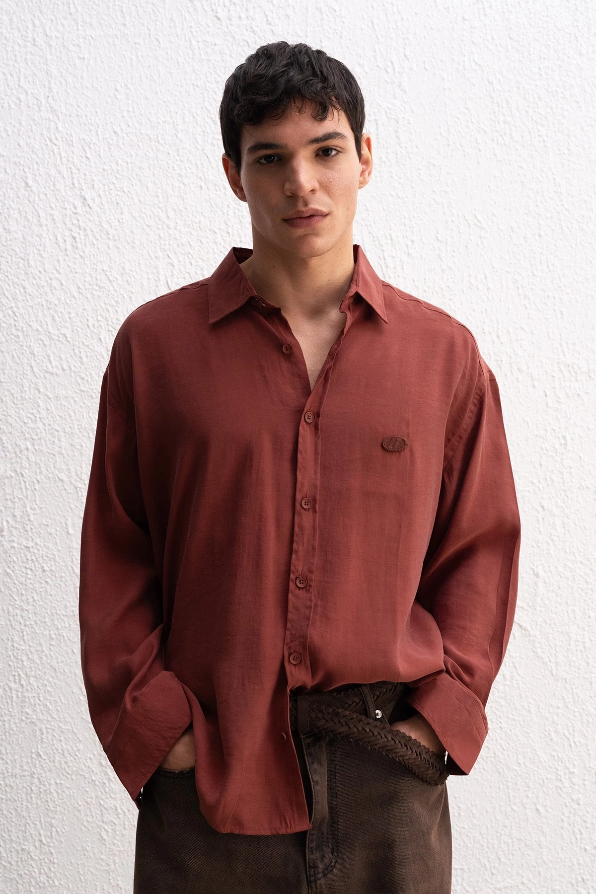 Erkek Modal Kumaş Owersize Uzun Kollu Gömlek- Bordo
