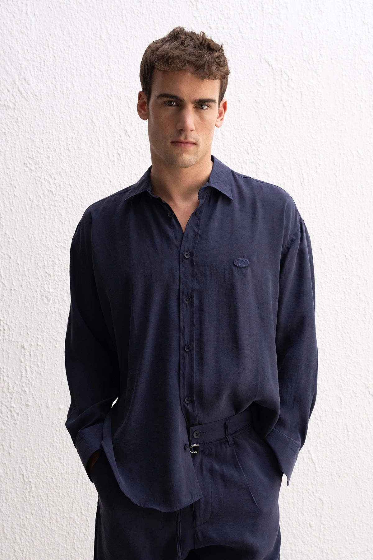Erkek Modal Kumaş Owersize Uzun Kollu Gömlek- Lacivert