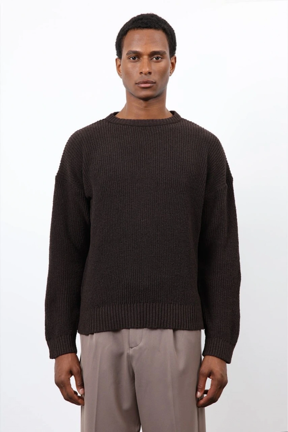 Erkek Normal Kalıp Bisiklet Yaka Örme Triko Kazak -Kahverengi