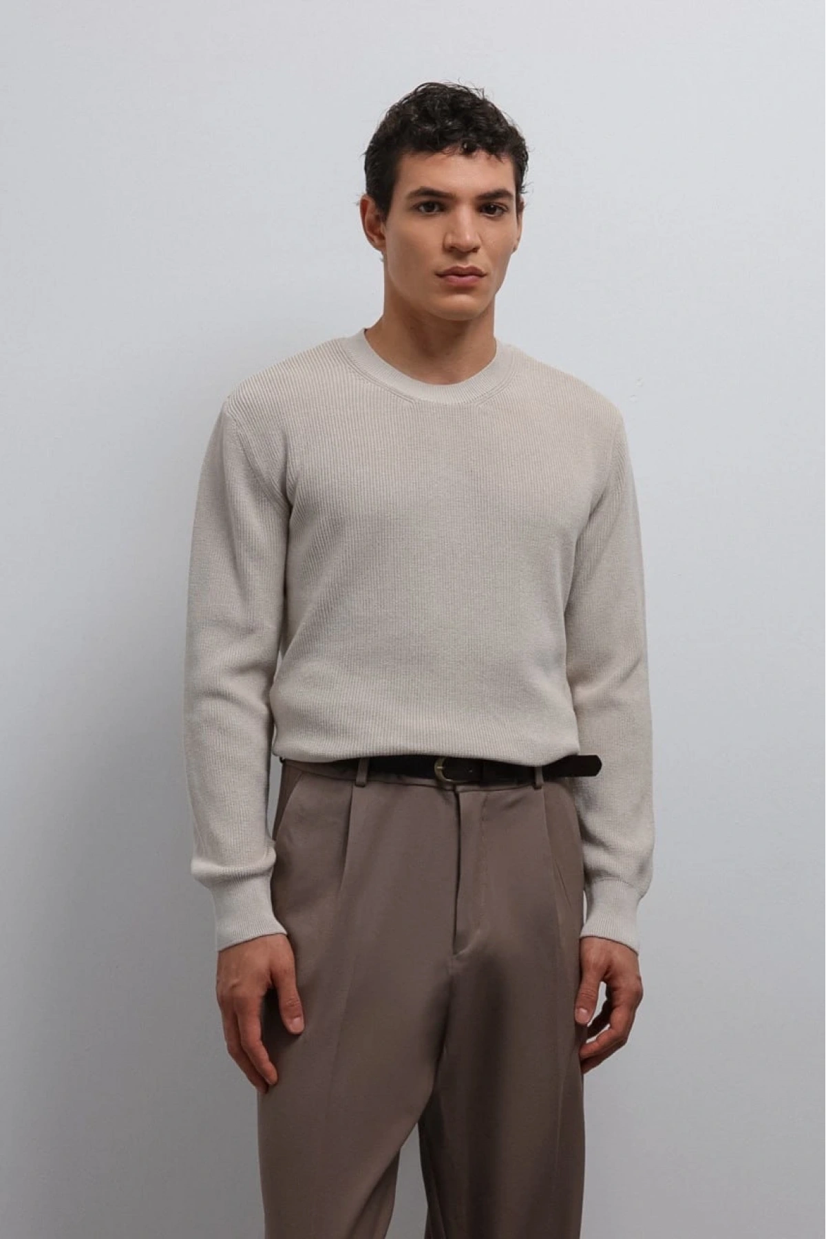 Erkek Normal Kalıp Bisiklet Yaka Triko Kazak -Krem