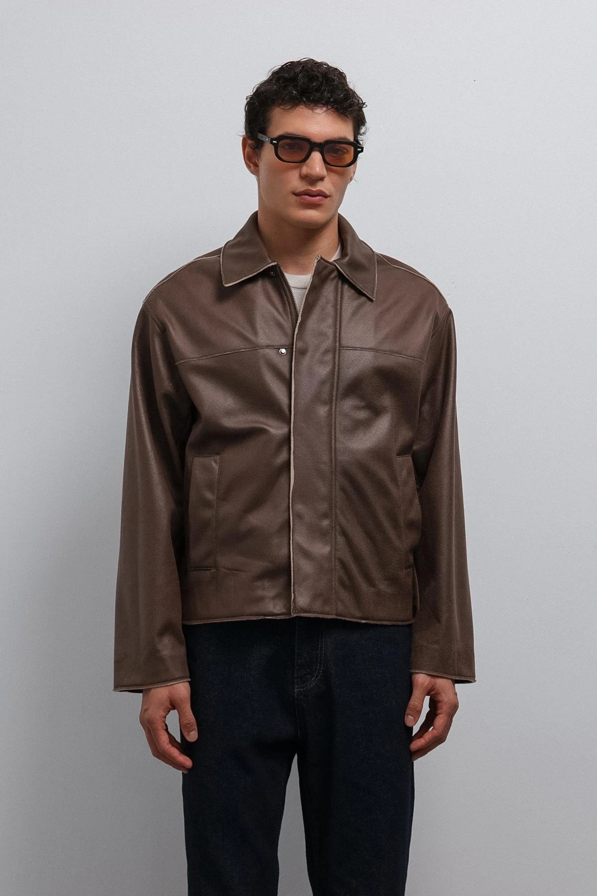 Erkek Normal Kalıp Biyeli Nubuk Deri Mont- Kahverengi