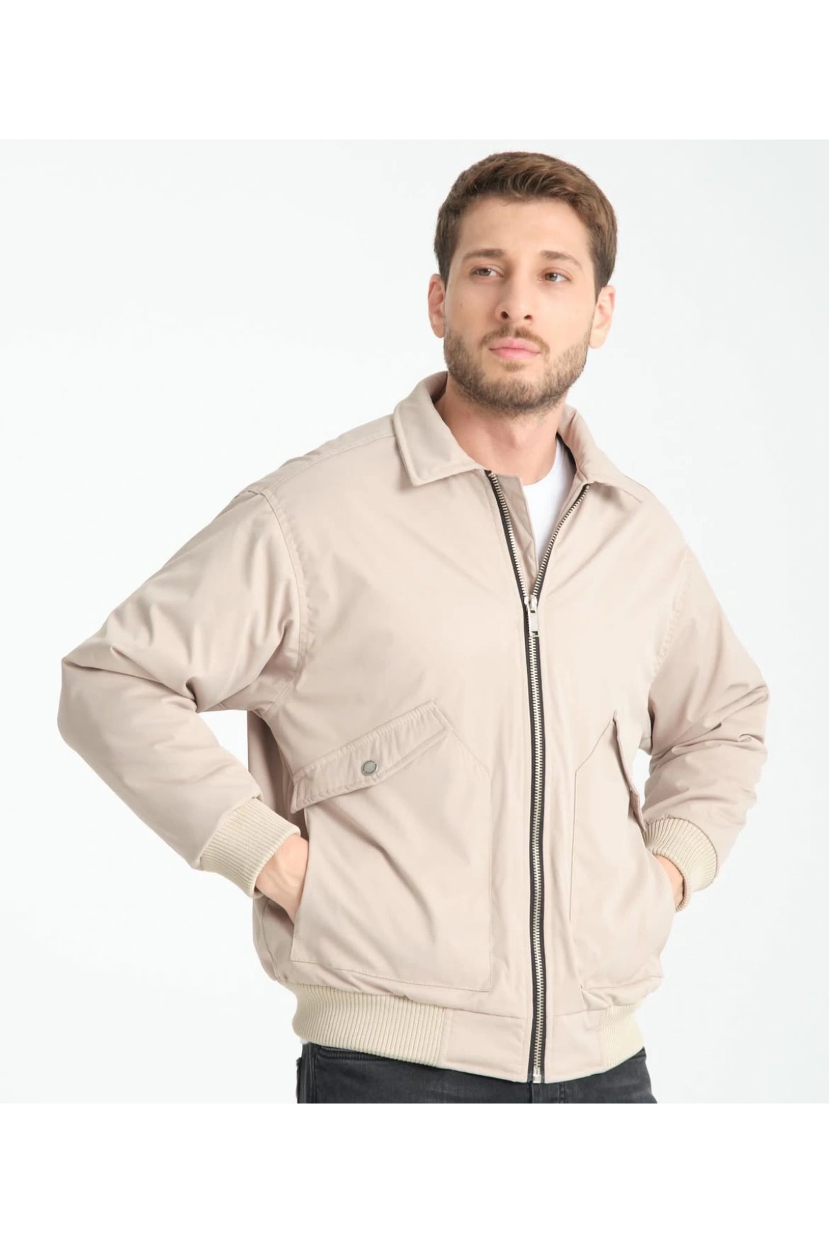 Erkek Normal Kalıp İçi Kürklü Paraşüt Kumaş Fermuarlı Mont - Taş