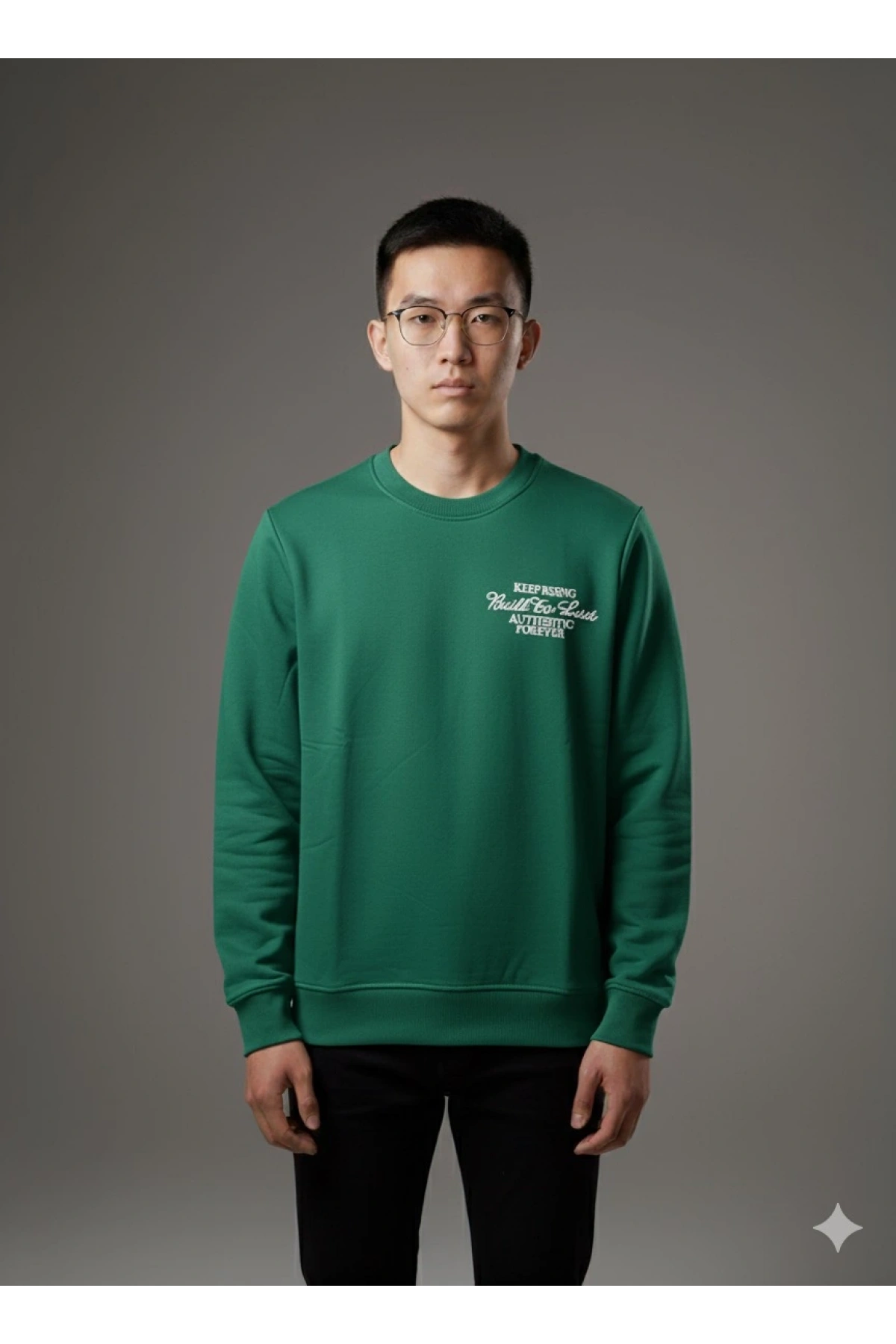 Erkek Normal Kalıp Keep Rısıng Yazılı Sweat- Yeşil