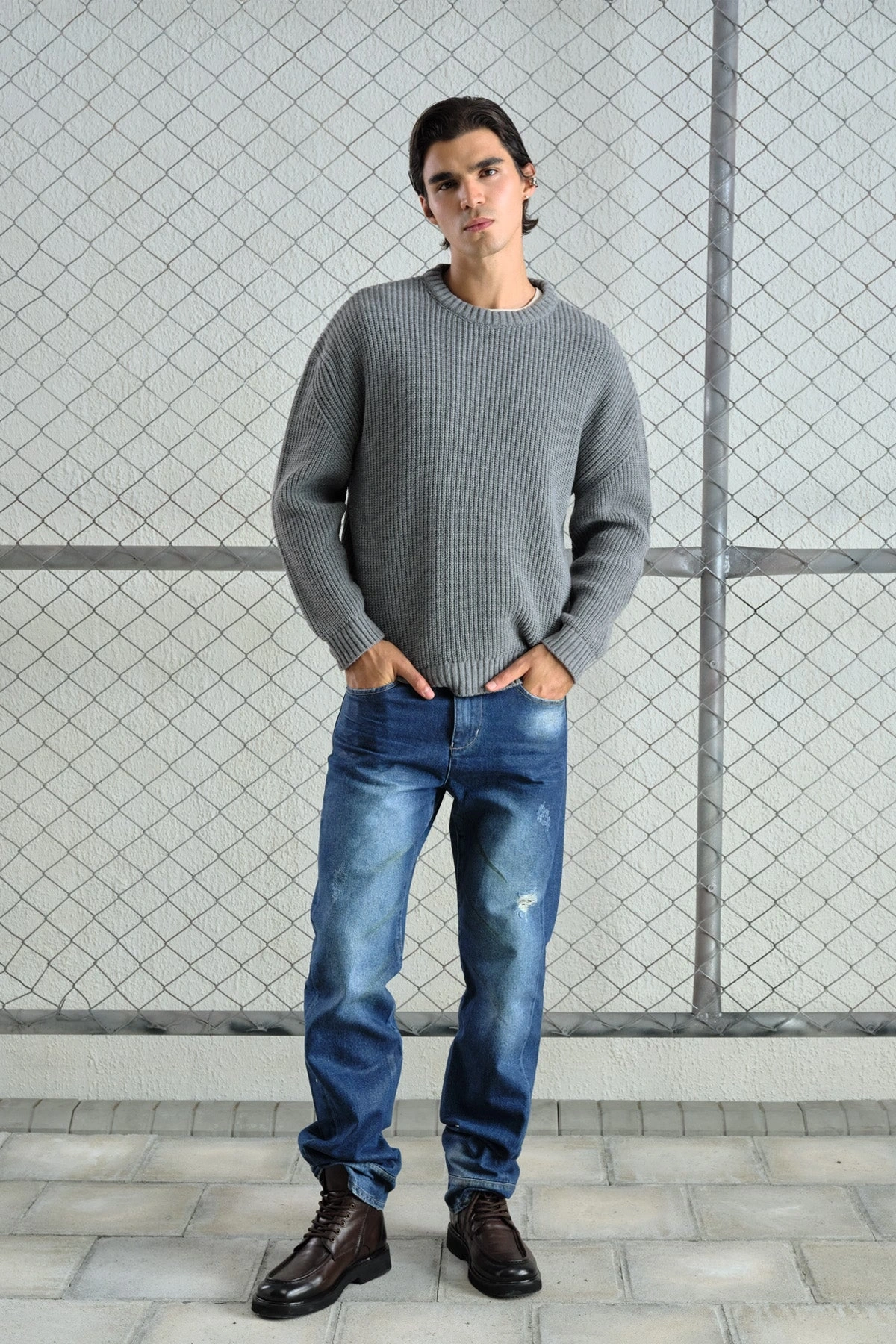 Erkek Normal Kesim Bisiklet Yaka Triko -Gri