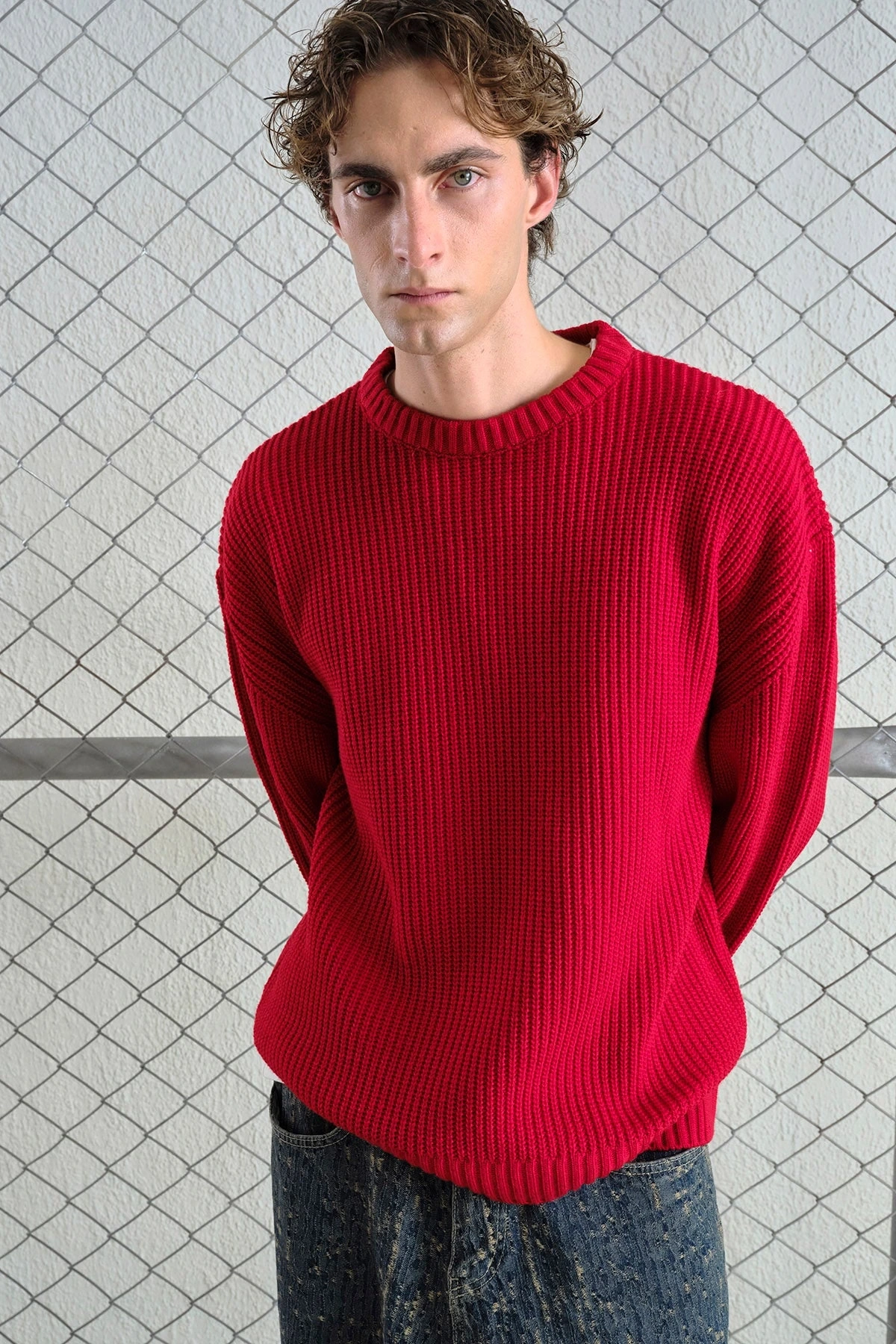 Erkek Normal Kesim Bisiklet Yaka Triko -Kırmızı