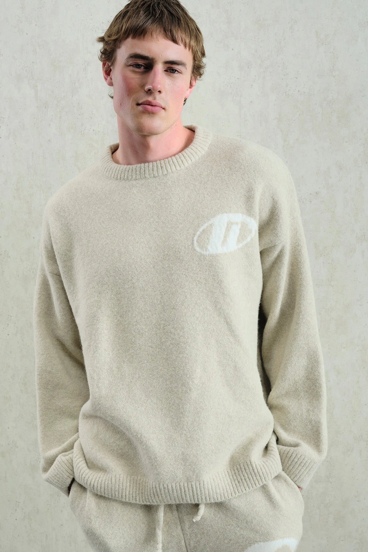 Erkek Normal Kesim Bisiklet Yaka Triko- Krem